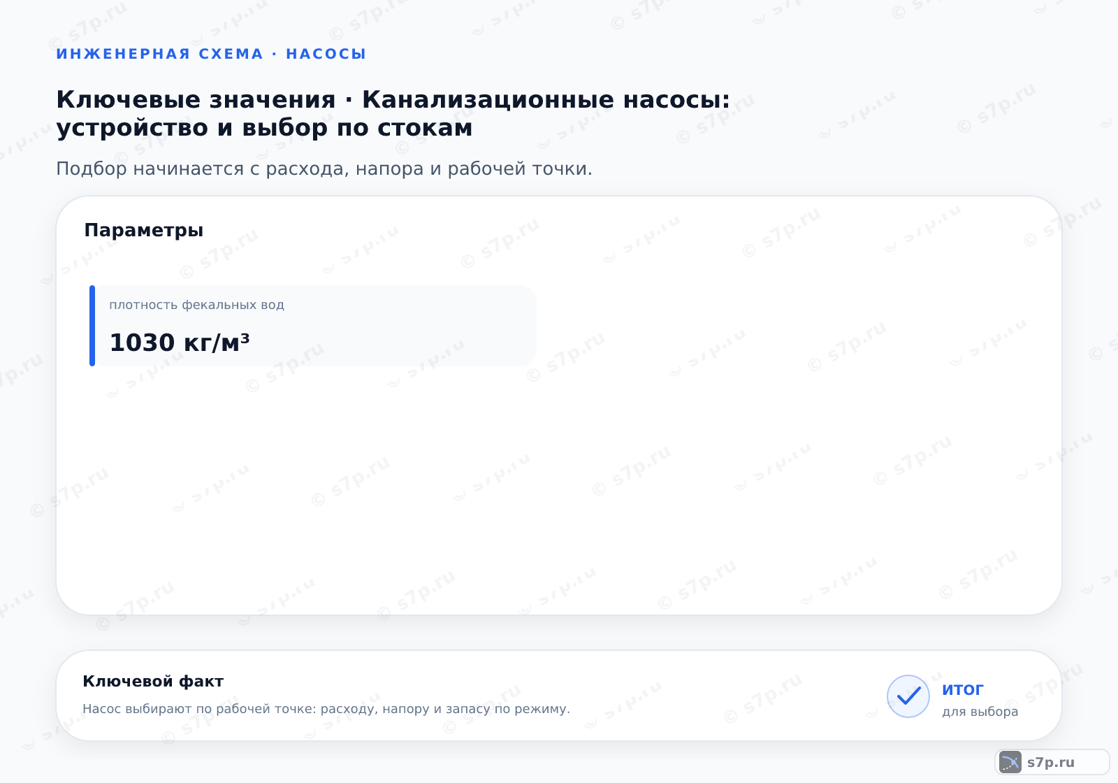 Карточки ключевых значений темы «Канализационные насосы: устройство и выбор по стокам»: плотность фекальных вод — 1030 кг/м³