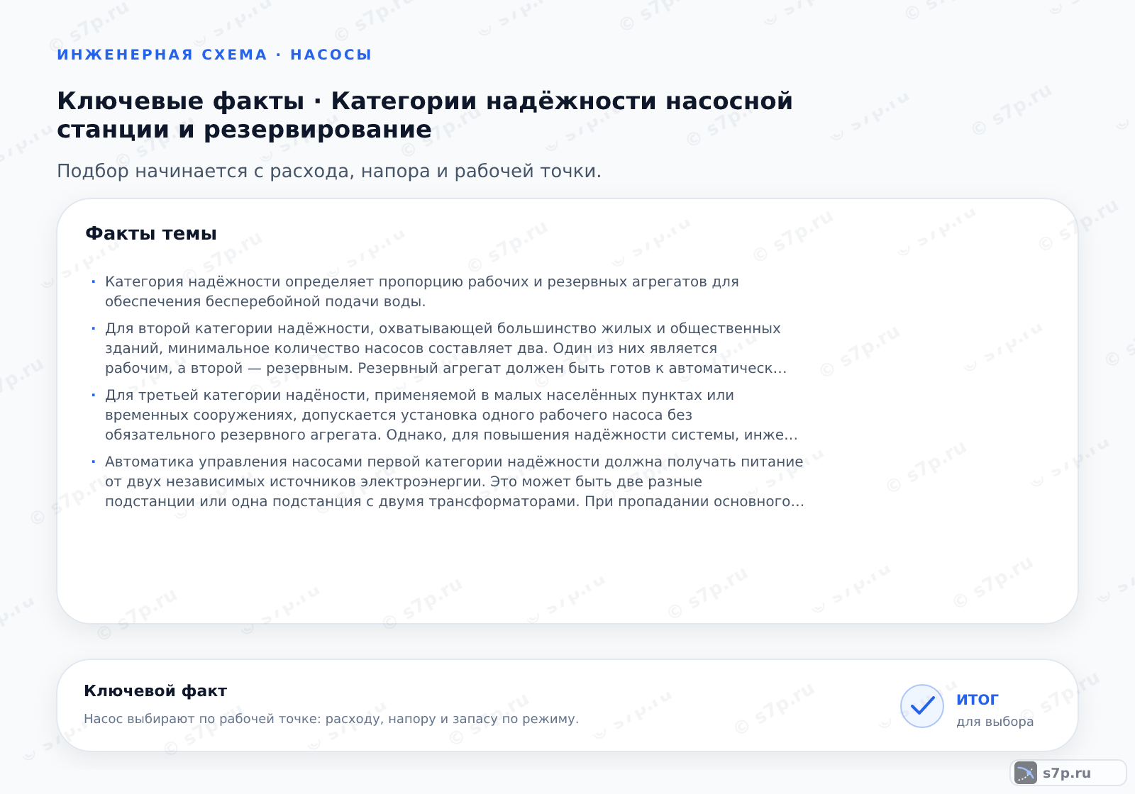 Карточки ключевых значений темы «Категории надёжности насосной станции и резервирование»: Категория надёжности определяет пропорцию рабочих и резервных агрегатов для обеспечения бесперебойной подачи воды.; Для второй категории надёжности, охватывающей большинство жилых и общественных зданий, минимальное количество насосов составляет два. Один из них является рабочим, а второй — резервным. Резервный агрегат должен быть готов к автоматическому запуску. Если суммарная производительность двух насосов превышает требуемую, допускается работа в режиме чередования для равномерного износа. При отказе одного насоса второй должен обеспечить подачу воды в объёме, достаточном для удовлетворения нормативных потребностей, хотя и с возможным снижением напора или расхода в пиковые моменты.