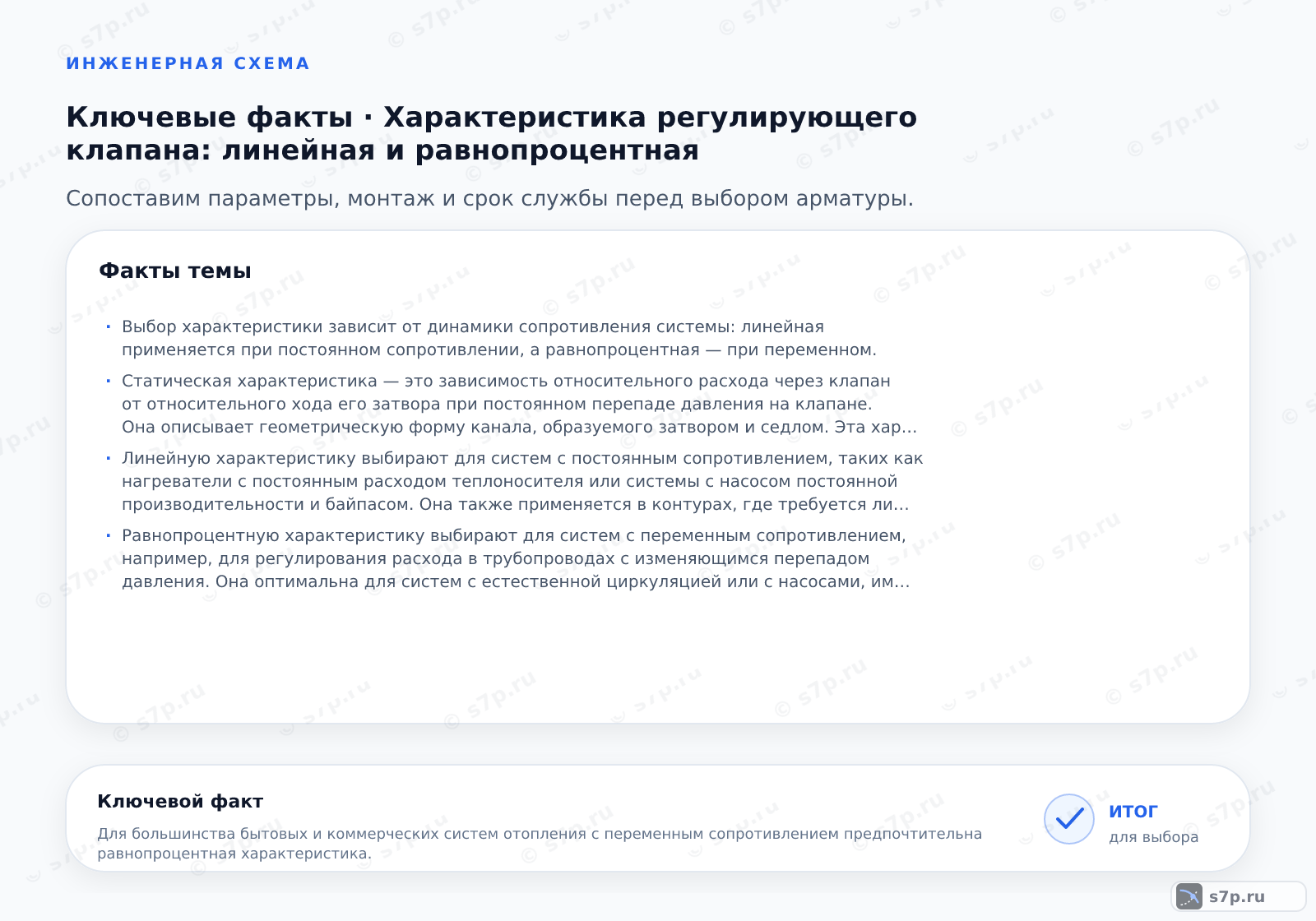 Карточки ключевых значений темы «Характеристика регулирующего клапана: линейная и равнопроцентная»: Выбор характеристики зависит от динамики сопротивления системы: линейная применяется при постоянном сопротивлении, а равнопроцентная — при переменном.; Статическая характеристика — это зависимость относительного расхода через клапан от относительного хода его затвора при постоянном перепаде давления на клапане. Она описывает геометрическую форму канала, образуемого затвором и седлом. Эта характеристика является паспортной и не учитывает изменение перепада давления в системе при открытии клапана. Для получения истинной рабочей характеристики необходимо учитывать гидравлическую схему системы.