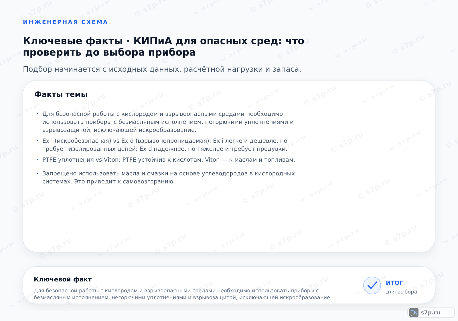 Карточки ключевых значений темы «КИПиА для опасных сред: что проверить до выбора прибора»: Для безопасной работы с кислородом и взрывоопасными средами необходимо использовать приборы с безмасляным исполнением, негорючими уплотнениями и взрывозащитой, исключающей искрообразование.; Ex i (искробезопасная) vs Ex d (взрывонепроницаемая): Ex i легче и дешевле, но требует изолированных цепей; Ex d надежнее, но тяжелее и требует продувки.