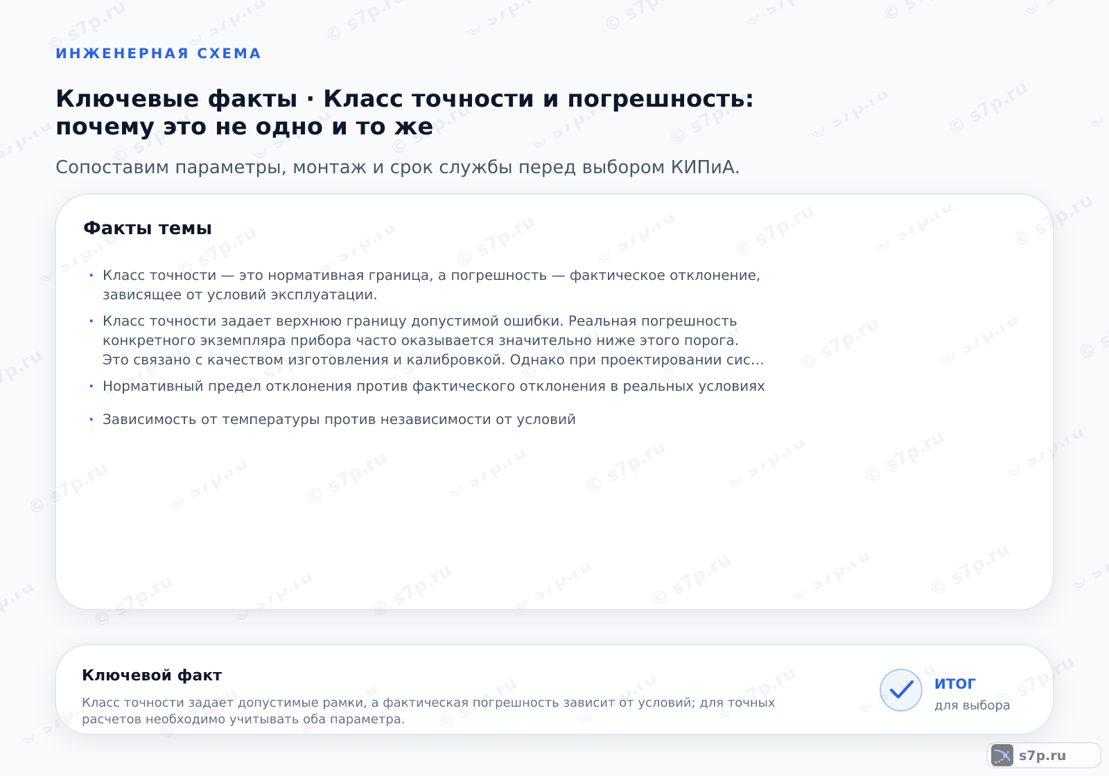 Карточки ключевых значений темы «Класс точности и погрешность: почему это не одно и то же»: Класс точности — это нормативная граница, а погрешность — фактическое отклонение, зависящее от условий эксплуатации.; Класс точности задает верхнюю границу допустимой ошибки. Реальная погрешность конкретного экземпляра прибора часто оказывается значительно ниже этого порога. Это связано с качеством изготовления и калибровкой. Однако при проектировании систем безопасности и учета необходимо рассчитывать на наихудший сценарий, когда погрешность достигает максимально допустимого значения, соответствующего классу точности.