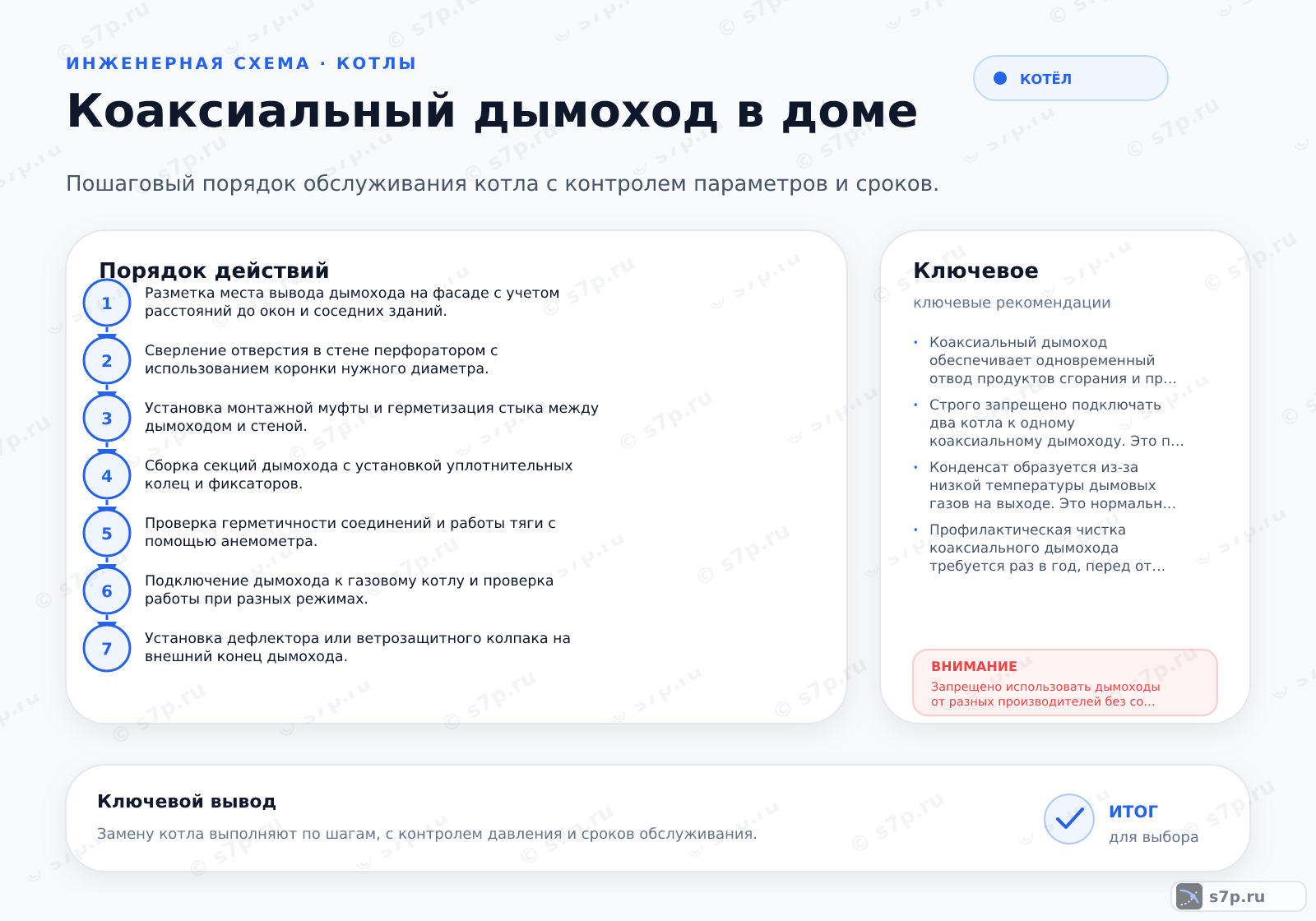 Hero-инфографика темы «Коаксиальный дымоход в доме»: котёл; ключевые данные: рабочее давление газа — 2 бар