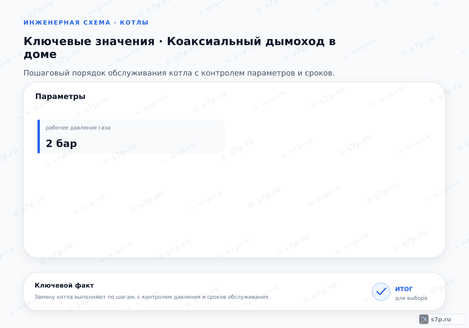 Карточки ключевых значений темы «Коаксиальный дымоход в доме»: рабочее давление газа — 2 бар
