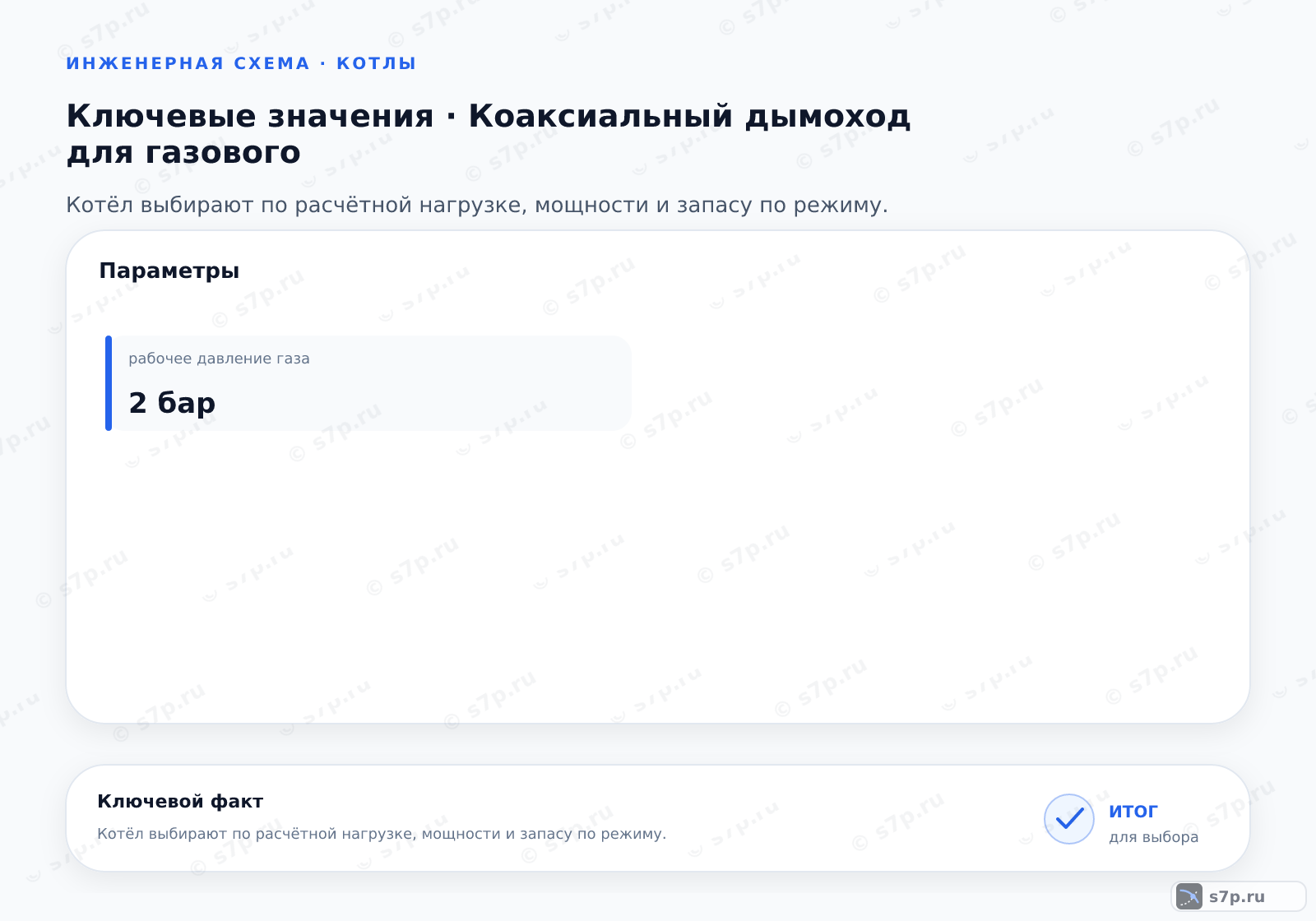 Карточки ключевых значений темы «Коаксиальный дымоход для газового»: рабочее давление газа — 2 бар