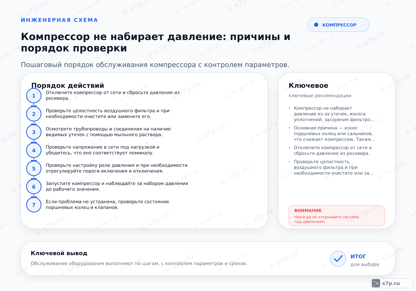 Hero-инфографика темы «Компрессор не набирает давление: причины и порядок проверки»: компрессор; ключевые данные: допустимое падение — 10 %