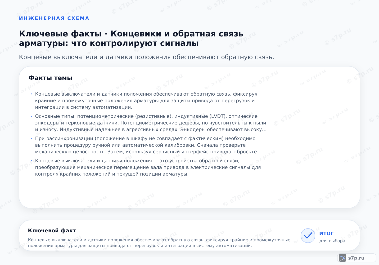 Карточки ключевых значений темы «Концевики и обратная связь арматуры: что контролируют сигналы»: Концевые выключатели и датчики положения обеспечивают обратную связь, фиксируя крайние и промежуточные положения арматуры для защиты привода от перегрузок и интеграции в систему автоматизации.; Основные типы: потенциометрические (резистивные), индуктивные (LVDT), оптические энкодеры и герконовые датчики. Потенциометрические дешевы, но чувствительны к пыли и износу. Индуктивные надежнее в агрессивных средах. Энкодеры обеспечивают высокую точность. Герконы используются преимущественно для концевых положений из-за простоты и надежности.