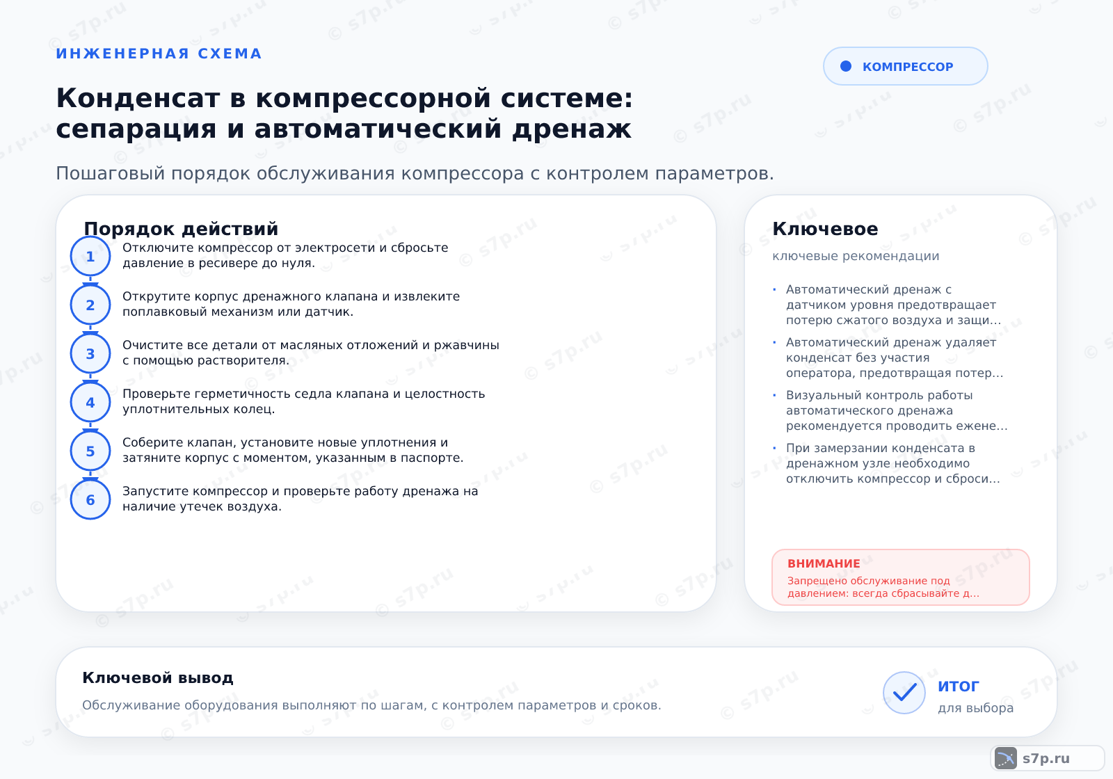 Hero-инфографика темы «Конденсат в компрессорной системе: сепарация и автоматический дренаж»: компрессор; ключевые данные: Автоматический дренаж с датчиком уровня предотвращает потерю сжатого воздуха и защищает оборудование от коррозии, в отличие от ручного слива.; Автоматический дренаж удаляет конденсат без участия оператора, предотвращая потерю сжатого воздуха. Ручной слив часто приводит к открытию клапана в рабочее время, что вызывает утечку воздуха и рост затрат на электроэнергию. Кроме того, автоматика гарантирует полное удаление жидкости, защищая трубопроводы и пневмоинструмент от коррозии и замерзания в зимний период.