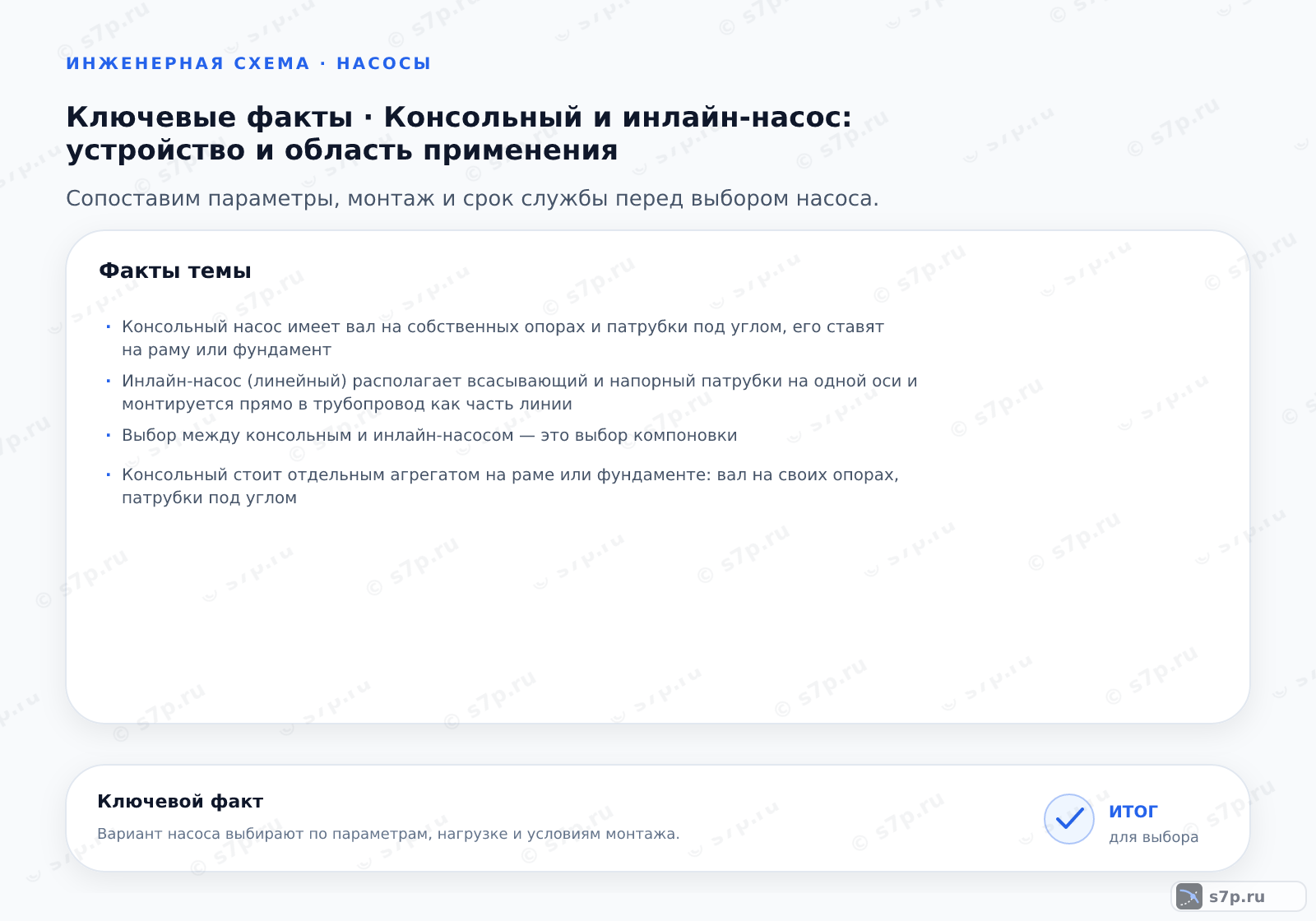 Карточки ключевых значений темы «Консольный и инлайн-насос: устройство и область применения»: Консольный насос имеет вал на собственных опорах и патрубки под углом, его ставят на раму или фундамент; Инлайн-насос (линейный) располагает всасывающий и напорный патрубки на одной оси и монтируется прямо в трубопровод как часть линии
