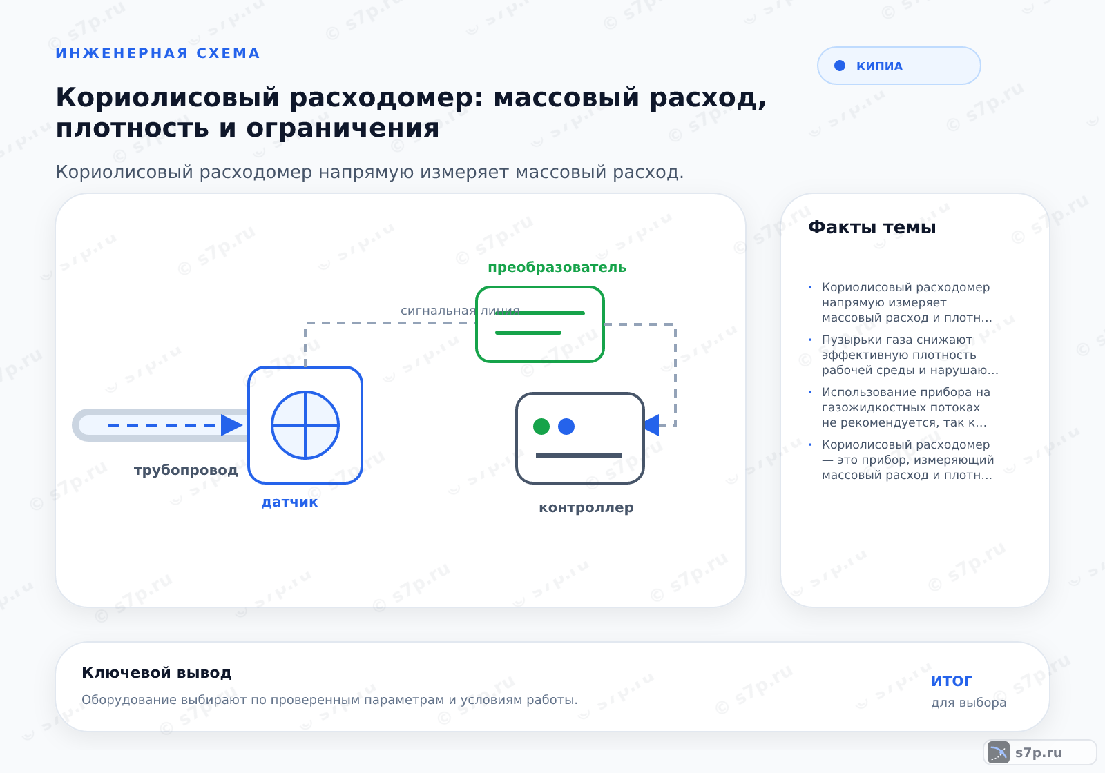 Hero-инфографика темы «Кориолисовый расходомер: массовый расход, плотность и ограничения»: КИПиА; ключевые данные: Кориолисовый расходомер напрямую измеряет массовый расход и плотность жидкости за счёт колебаний измерительной трубки, но его работа резко ухудшается при наличии газовых пузырьков или двухфазных потоков.; Пузырьки газа снижают эффективную плотность рабочей среды и нарушают упругую связь между трубкой и жидкостью. При содержании газа свыше трёх процентов масса колеблющейся системы меняется непредсказуемо, что приводит к потере фазового сдвига и росту погрешности до десяти процентов. Для стабильной работы требуется полное заполнение измерительной камеры и отсутствие свободных газовых включений в потоке.