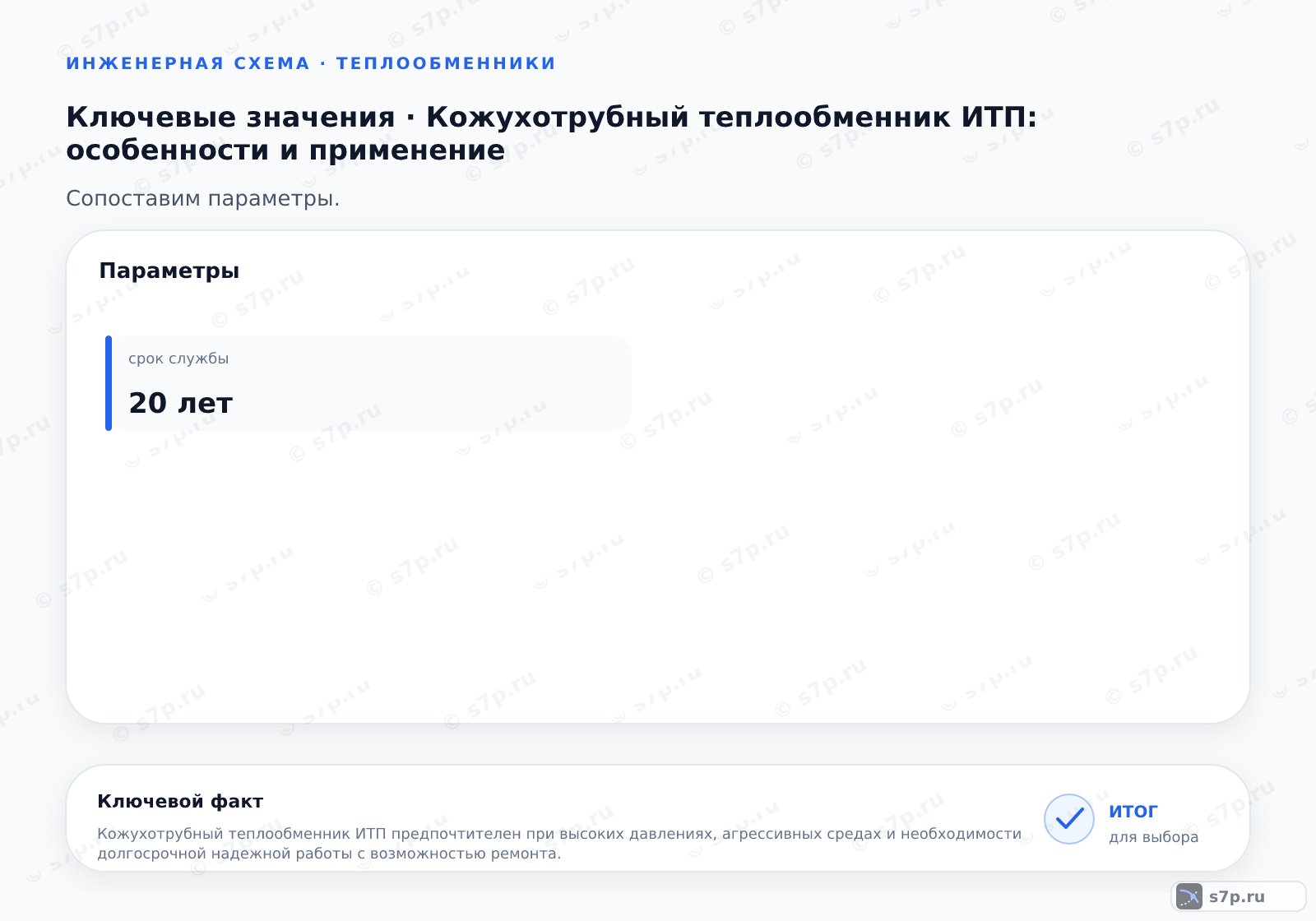 Карточки ключевых значений темы «Кожухотрубный теплообменник ИТП: особенности и применение»: срок службы — 20 лет