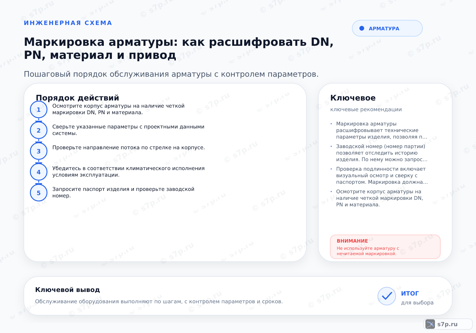 Hero-инфографика темы «Маркировка арматуры: как расшифровать DN, PN, материал и привод»: арматура; ключевые данные: Маркировка арматуры расшифровывает технические параметры изделия, позволяя правильно подобрать его для системы с заданными давлением и температурой.; Заводской номер (номер партии) позволяет отследить историю изделия. По нему можно запросить паспорт качества и результаты испытаний. Если возникает дефект, номер помогает выявить проблемную партию. Для ответственных объектов ведение учета по номерам обязательно. Номер выбивается на корпусе или на табличке. Он состоит из цифр и букв. При потере маркировки идентификация затруднена. Сохраняйте паспорта с номерами. Это важно для гарантийного обслуживания и расследования аварий. Номер уникален для каждой партии продукции.