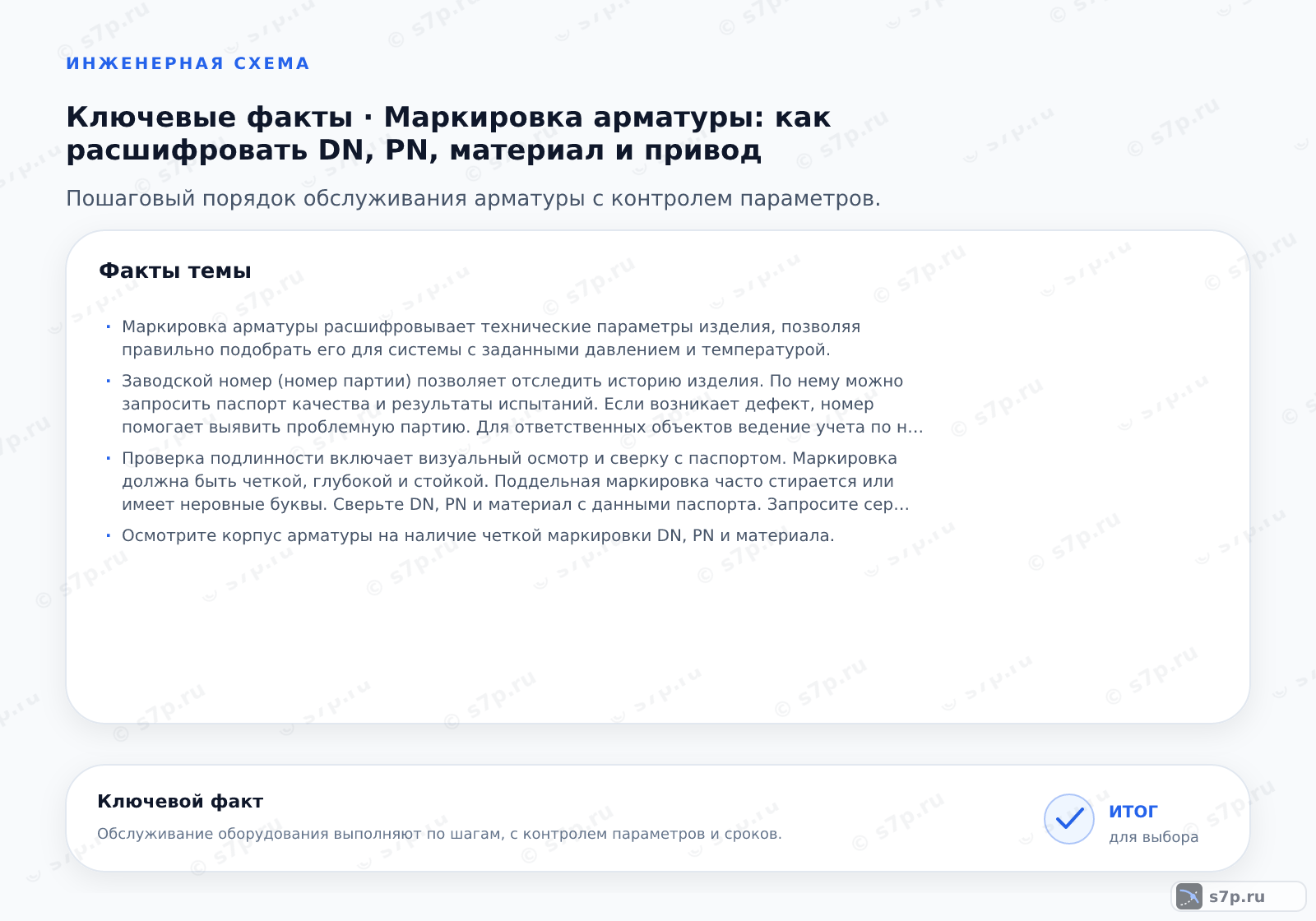 Карточки ключевых значений темы «Маркировка арматуры: как расшифровать DN, PN, материал и привод»: Маркировка арматуры расшифровывает технические параметры изделия, позволяя правильно подобрать его для системы с заданными давлением и температурой.; Заводской номер (номер партии) позволяет отследить историю изделия. По нему можно запросить паспорт качества и результаты испытаний. Если возникает дефект, номер помогает выявить проблемную партию. Для ответственных объектов ведение учета по номерам обязательно. Номер выбивается на корпусе или на табличке. Он состоит из цифр и букв. При потере маркировки идентификация затруднена. Сохраняйте паспорта с номерами. Это важно для гарантийного обслуживания и расследования аварий. Номер уникален для каждой партии продукции.