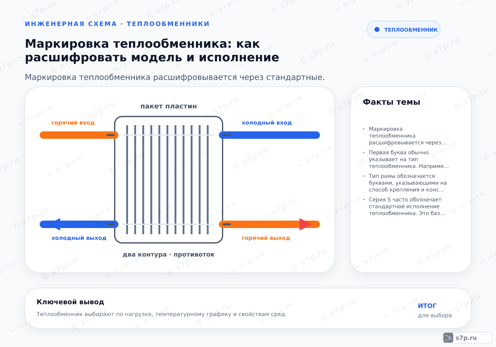 Hero-инфографика темы «Маркировка теплообменника: как расшифровать модель и исполнение»: теплообменник; ключевые данные: Маркировка теплообменника расшифровывается через стандартные обозначения типа, рамы, уплотнений и параметров, однако точные данные всегда необходимо сверять с заводским паспортом, так как производители могут использовать собственные коды.; Первая буква обычно указывает на тип теплообменника. Например, «П» означает пластинчатый, «К» — кожухотрубный. Это базовое обозначение, которое определяет принцип работы устройства. Однако конкретные буквы могут варьироваться в зависимости от производителя. Всегда проверяйте расшифровку в технической документации. Не полагайтесь только на общие знания, так как стандарты могут отличаться. Точное соответствие кода типу аппарата гарантирует правильность выбора оборудования для вашей системы.