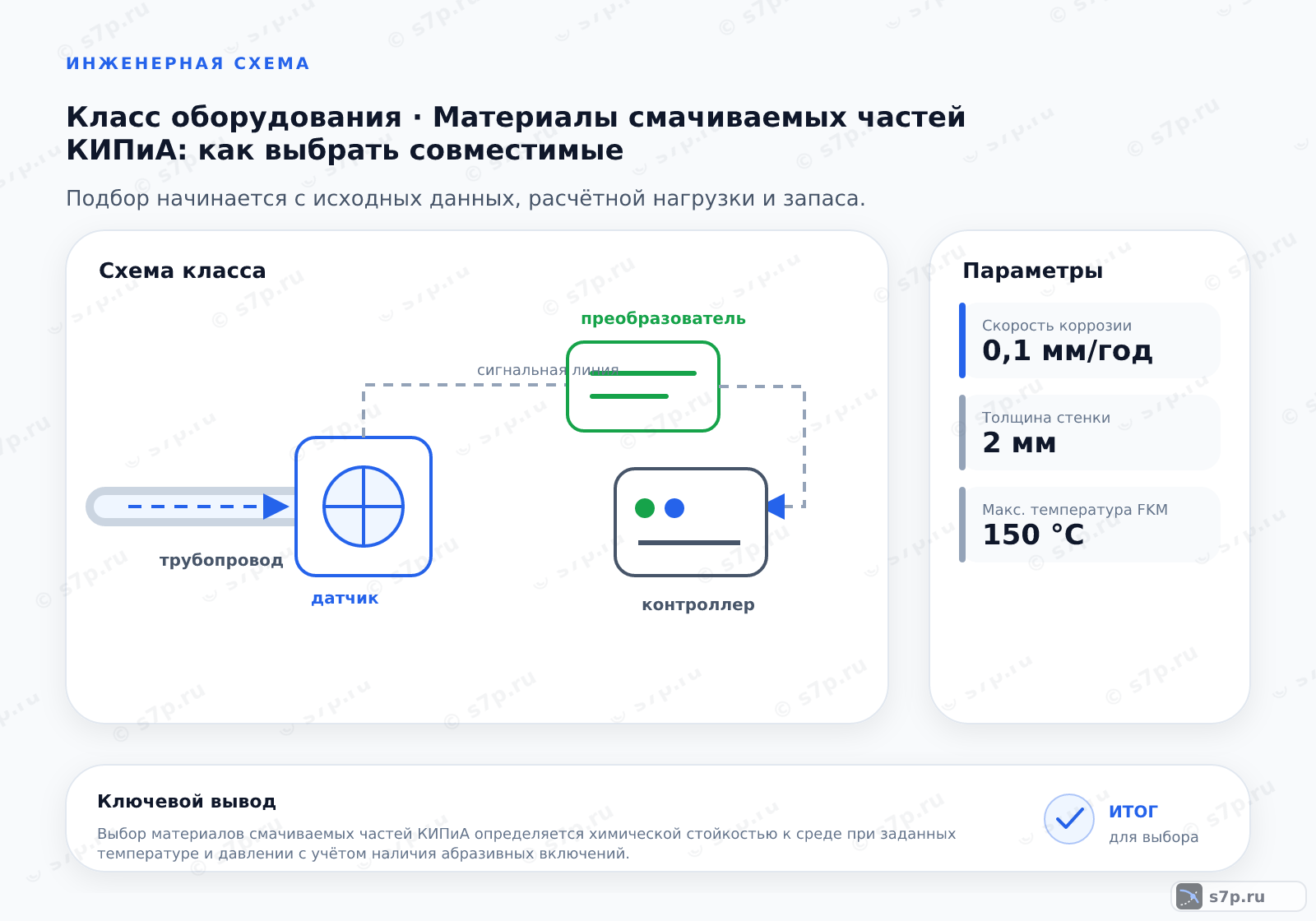 Схема класса «КИПиА» для темы «Материалы смачиваемых частей КИПиА: как выбрать совместимые»: ключевые параметры — Скорость коррозии — 0,1 мм/год; Толщина стенки — 2 мм; Макс. температура FKM — 150 °C