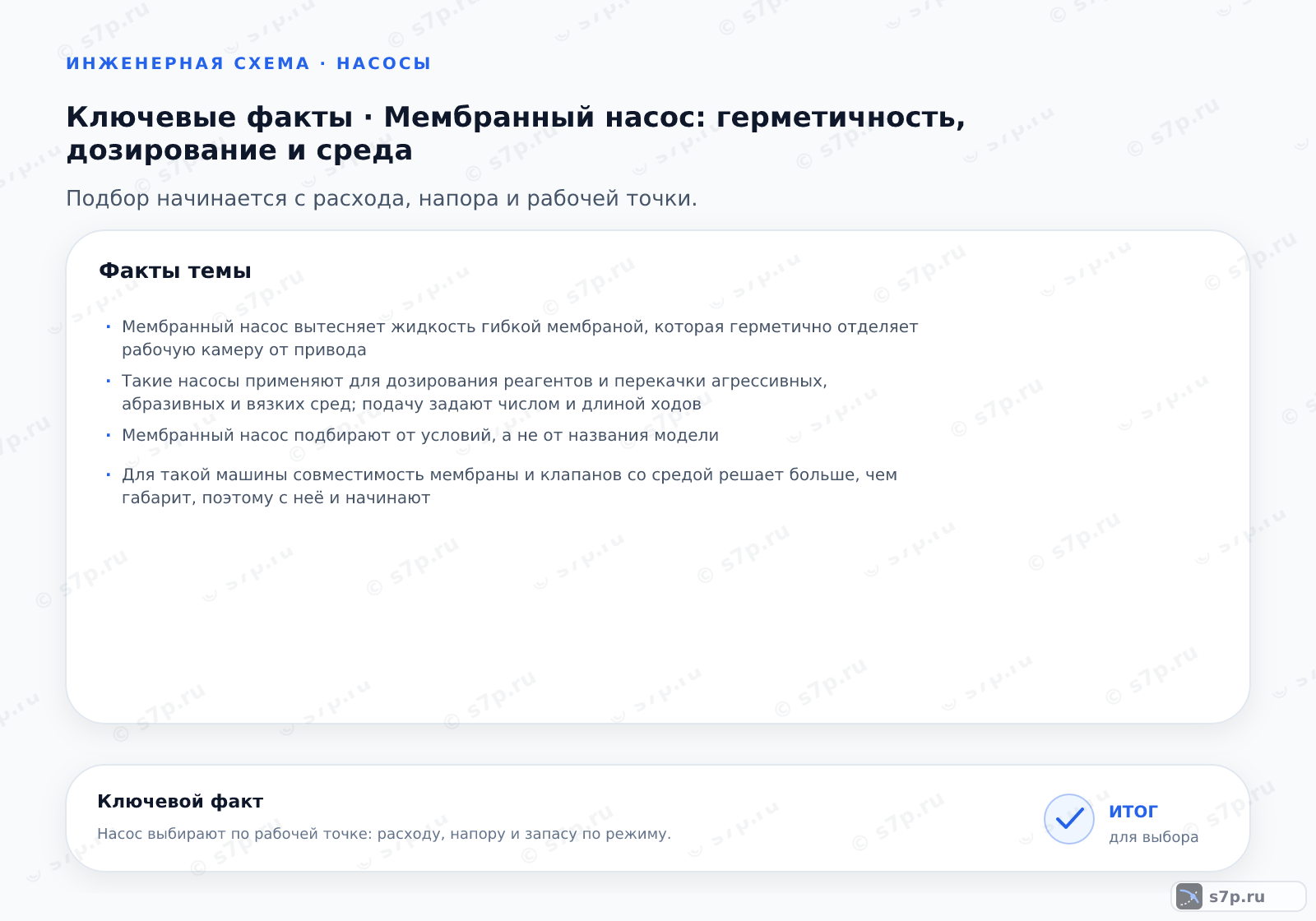 Карточки ключевых значений темы «Мембранный насос: герметичность, дозирование и среда»: Мембранный насос вытесняет жидкость гибкой мембраной, которая герметично отделяет рабочую камеру от привода; Такие насосы применяют для дозирования реагентов и перекачки агрессивных, абразивных и вязких сред; подачу задают числом и длиной ходов