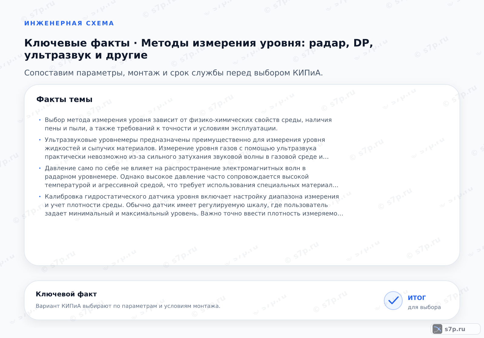 Карточки ключевых значений темы «Методы измерения уровня: радар, DP, ультразвук и другие»: Выбор метода измерения уровня зависит от физико-химических свойств среды, наличия пены и пыли, а также требований к точности и условиям эксплуатации.; Ультразвуковые уровнемеры предназначены преимущественно для измерения уровня жидкостей и сыпучих материалов. Измерение уровня газов с помощью ультразвука практически невозможно из-за сильного затухания звуковой волны в газовой среде и высокой зависимости скорости звука от температуры и состава газа. Ультразвук эффективно отражается от границ раздела «жидкость-воздух» или «сыпучее тело-воздух». Для газовых сред следует использовать радарные или дифференциально-напорные методы. Ультразвук чувствителен к наличию пены, пыли и турбулентности на поверхности жидкости, что может искажать сигнал.