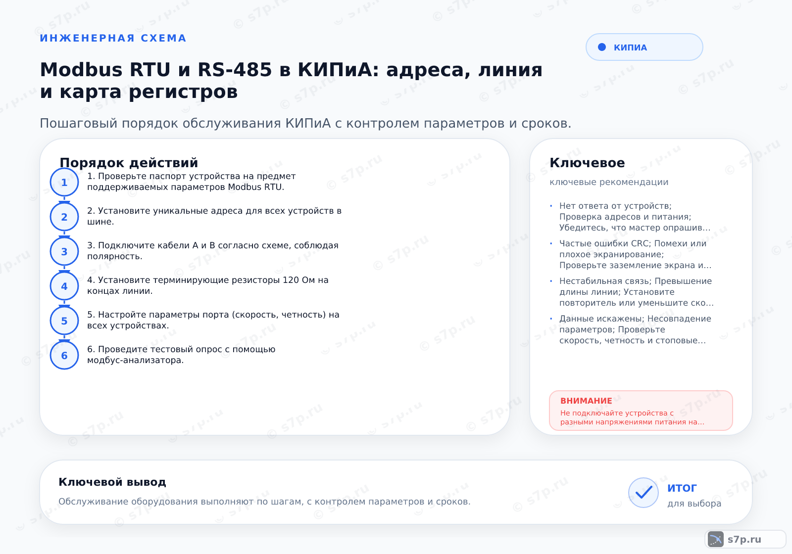 Hero-инфографика темы «Modbus RTU и RS-485 в КИПиА: адреса, линия и карта регистров»: КИПиА; ключевые данные: скорость передачи данных — 9600 бит/с