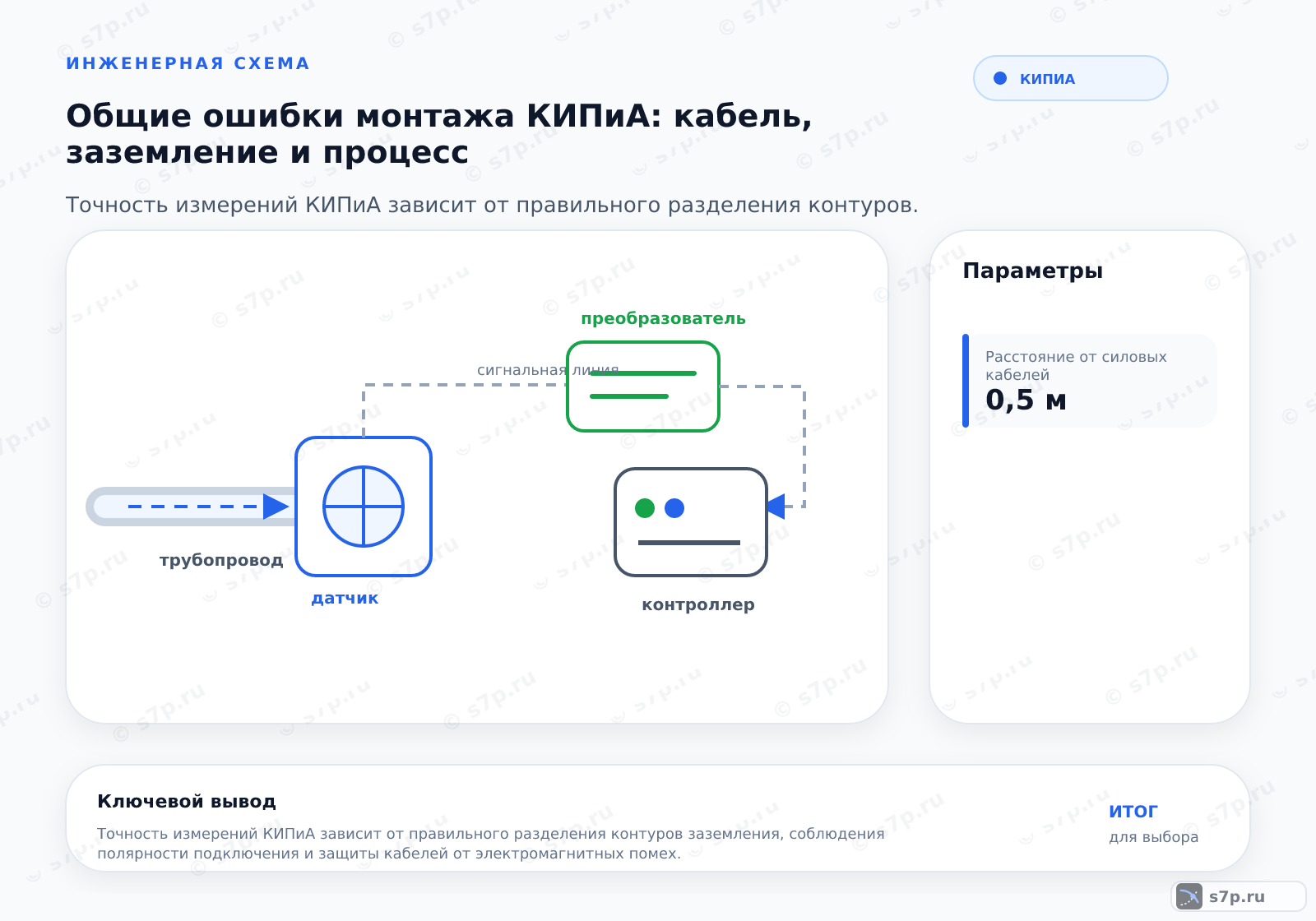 Hero-инфографика темы «Общие ошибки монтажа КИПиА: кабель, заземление и процесс»: КИПиА; ключевые данные: Расстояние от силовых кабелей — 0,5 м