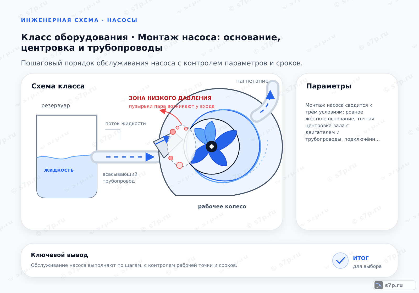 Схема класса «насос» для темы «Монтаж насоса: основание, центровка и трубопроводы»: ключевые параметры — Монтаж насоса сводится к трём условиям: ровное жёсткое основание, точная центровка вала с двигателем и трубопроводы, подключённые без натяга на патрубки; Всасывающую линию ведут с подъёмом к насосу, без воздушных мешков, напорную подпирают опорами