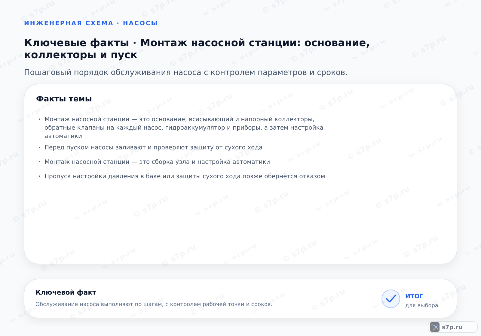 Карточки ключевых значений темы «Монтаж насосной станции: основание, коллекторы и пуск»: Монтаж насосной станции — это основание, всасывающий и напорный коллекторы, обратные клапаны на каждый насос, гидроаккумулятор и приборы, а затем настройка автоматики; Перед пуском насосы заливают и проверяют защиту от сухого хода