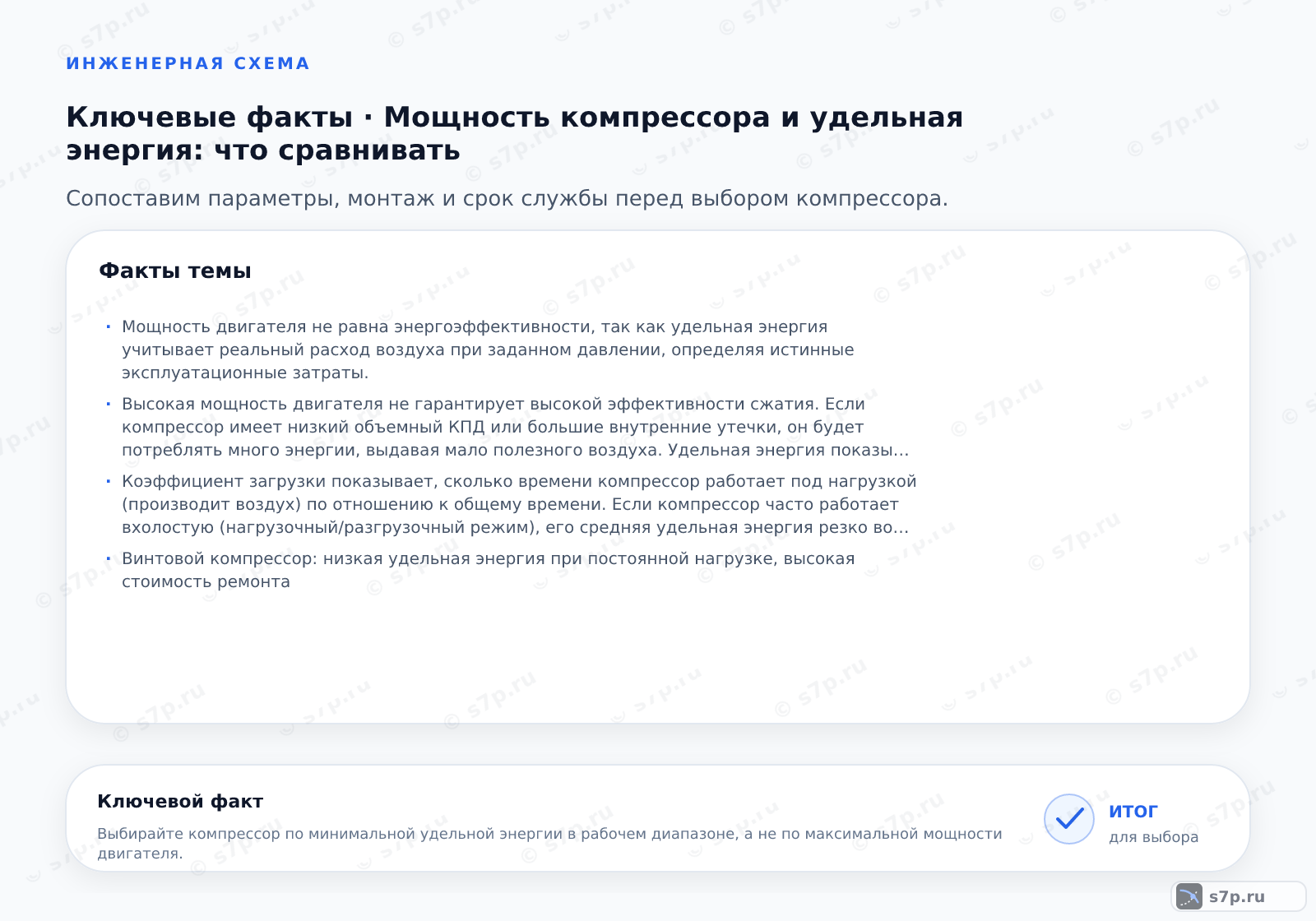 Карточки ключевых значений темы «Мощность компрессора и удельная энергия: что сравнивать»: Мощность двигателя не равна энергоэффективности, так как удельная энергия учитывает реальный расход воздуха при заданном давлении, определяя истинные эксплуатационные затраты.; Высокая мощность двигателя не гарантирует высокой эффективности сжатия. Если компрессор имеет низкий объемный КПД или большие внутренние утечки, он будет потреблять много энергии, выдавая мало полезного воздуха. Удельная энергия показывает реальную стоимость сжатия. Компрессор с меньшей мощностью, но высоким КПД, может быть экономичнее мощного агрегата с низким КПД, особенно при длительной работе.