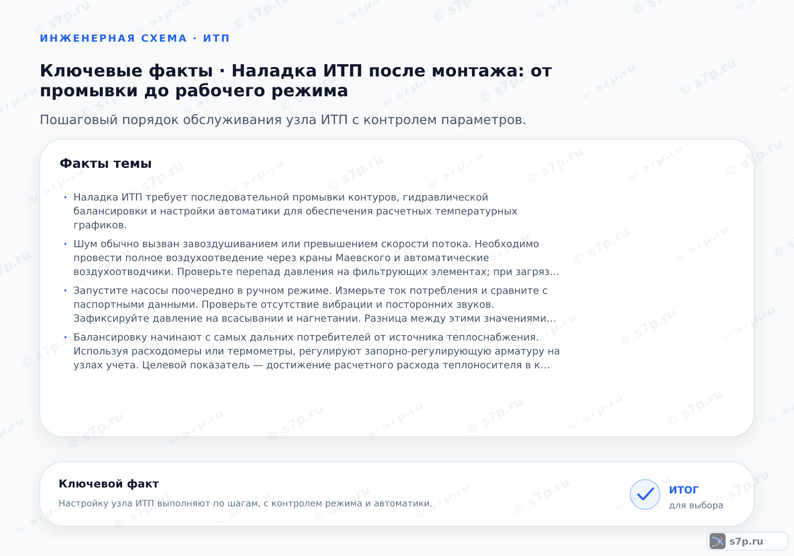 Карточки ключевых значений темы «Наладка ИТП после монтажа: от промывки до рабочего режима»: Наладка ИТП требует последовательной промывки контуров, гидравлической балансировки и настройки автоматики для обеспечения расчетных температурных графиков.; Шум обычно вызван завоздушиванием или превышением скорости потока. Необходимо провести полное воздухоотведение через краны Маевского и автоматические воздухоотводчики. Проверьте перепад давления на фильтрующих элементах; при загрязнении проведите их очистку. Если шум сохраняется, проверьте правильность подбора диаметров труб и отсутствие перепадов высот.