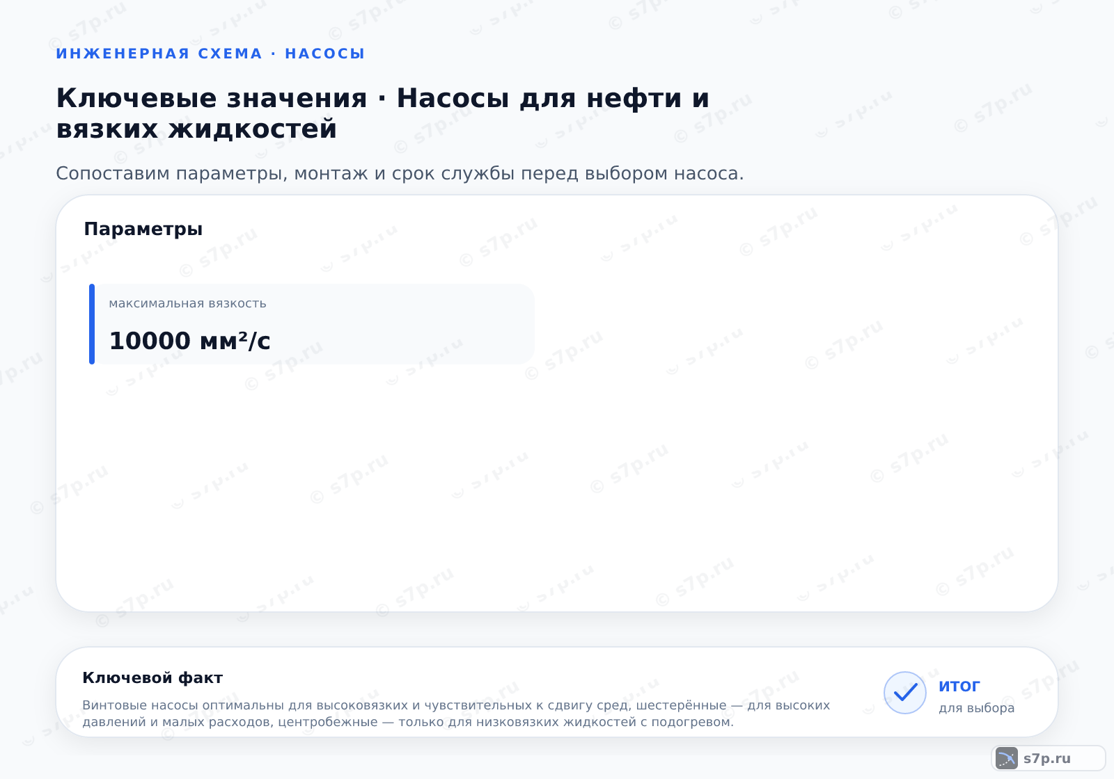 Карточки ключевых значений темы «Насосы для нефти и вязких жидкостей»: максимальная вязкость — 10000 мм²/с