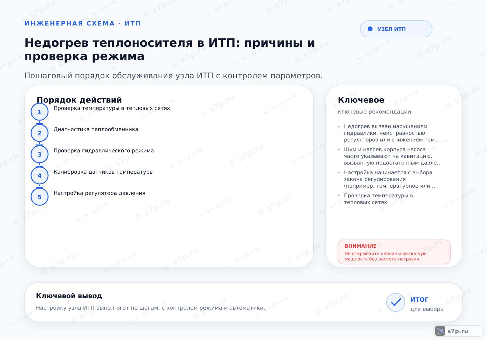 Hero-инфографика темы «Недогрев теплоносителя в ИТП: причины и проверка режима»: узел ИТП; ключевые данные: температурный график — 95 °C