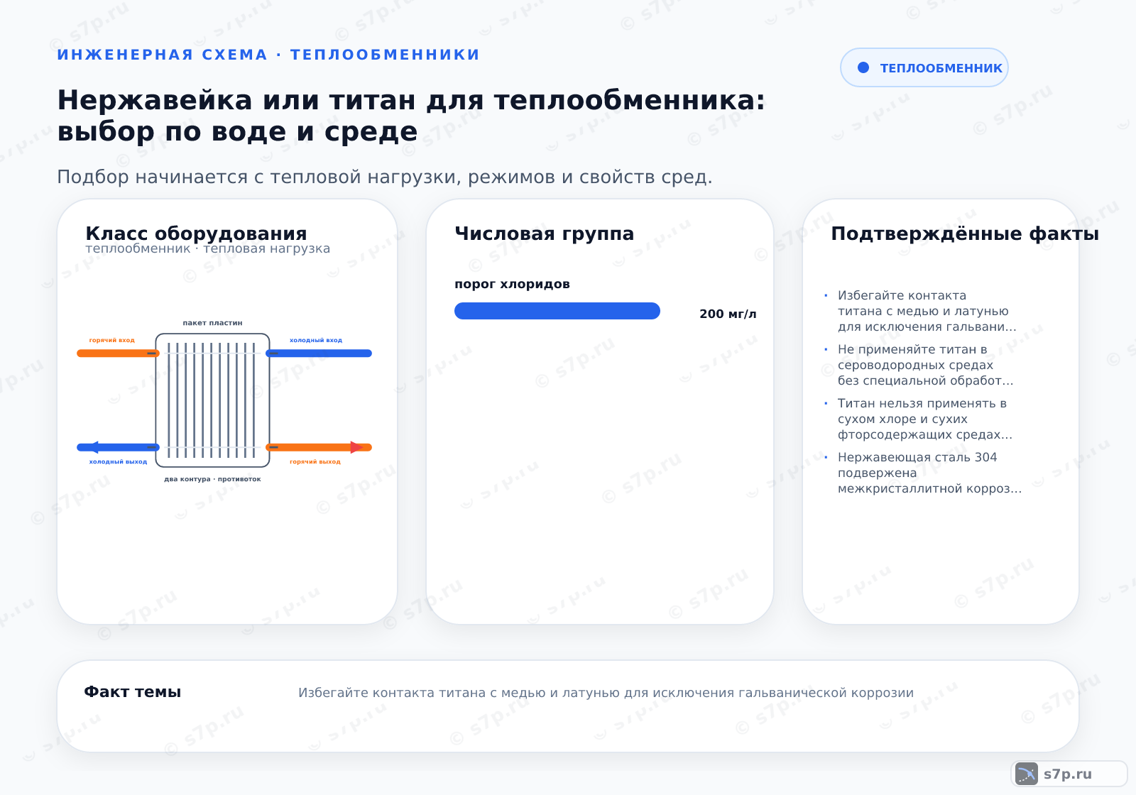 Hero-инфографика темы «Нержавейка или титан для теплообменника: выбор по воде и среде»: теплообменник; ключевые данные: порог хлоридов — 200 мг/л