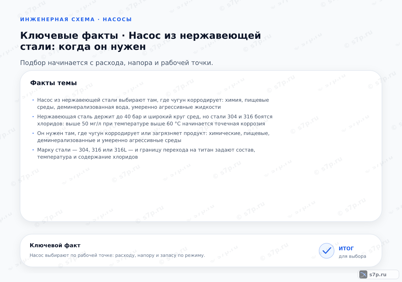 Карточки ключевых значений темы «Насос из нержавеющей стали: когда он нужен»: Насос из нержавеющей стали выбирают там, где чугун корродирует: химия, пищевые среды, деминерализованная вода, умеренно агрессивные жидкости; Он нужен там, где чугун корродирует или загрязняет продукт: химические, пищевые, деминерализованные и умеренно агрессивные среды