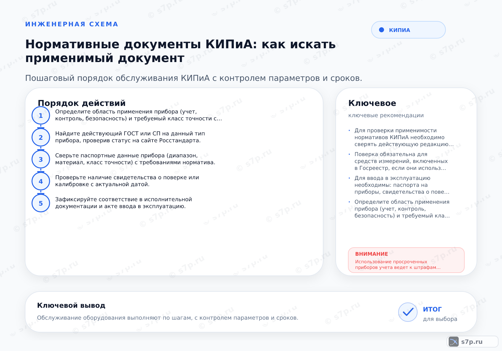 Hero-инфографика темы «Нормативные документы КИПиА: как искать применимый документ»: КИПиА; ключевые данные: период поверки приборов — 2 года
