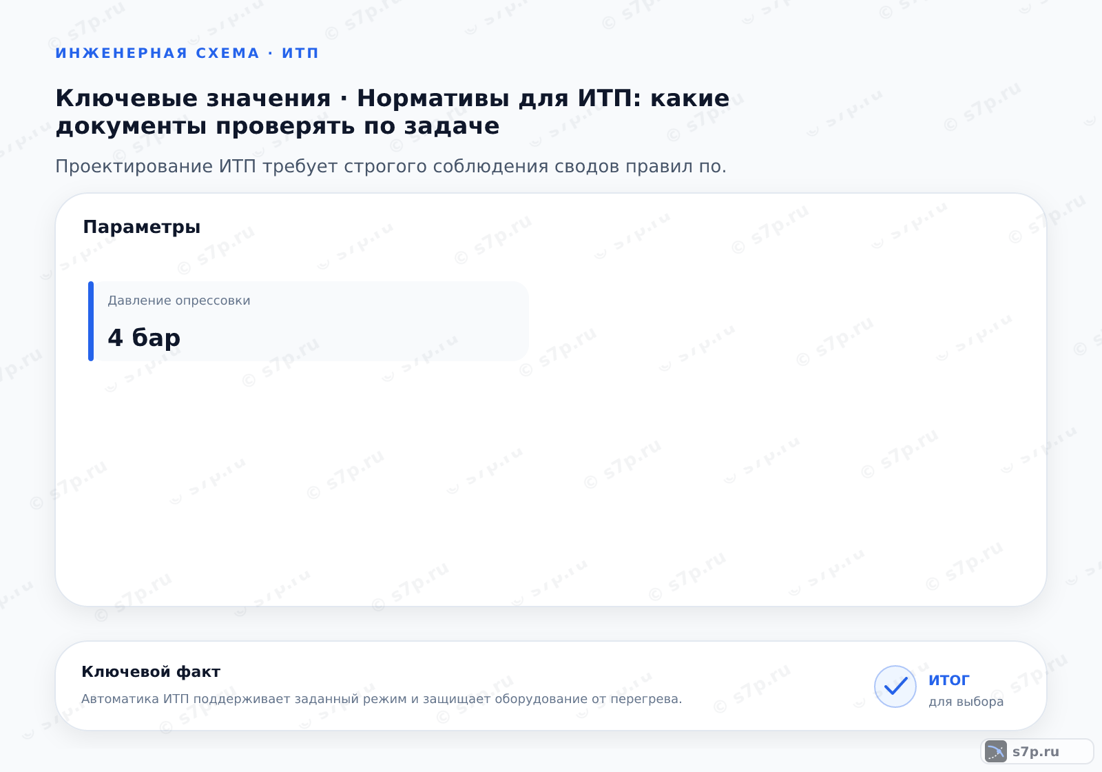 Карточки ключевых значений темы «Нормативы для ИТП: какие документы проверять по задаче»: Давление опрессовки — 4 бар