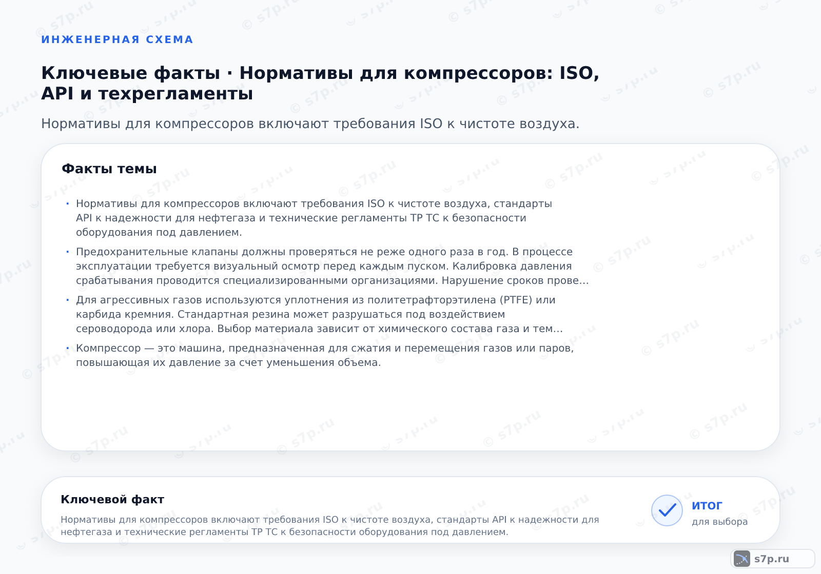 Карточки ключевых значений темы «Нормативы для компрессоров: ISO, API и техрегламенты»: Нормативы для компрессоров включают требования ISO к чистоте воздуха, стандарты API к надежности для нефтегаза и технические регламенты ТР ТС к безопасности оборудования под давлением.; Предохранительные клапаны должны проверяться не реже одного раза в год. В процессе эксплуатации требуется визуальный осмотр перед каждым пуском. Калибровка давления срабатывания проводится специализированными организациями. Нарушение сроков проверки является грубым нарушением техники безопасности и может привести к авариям.
