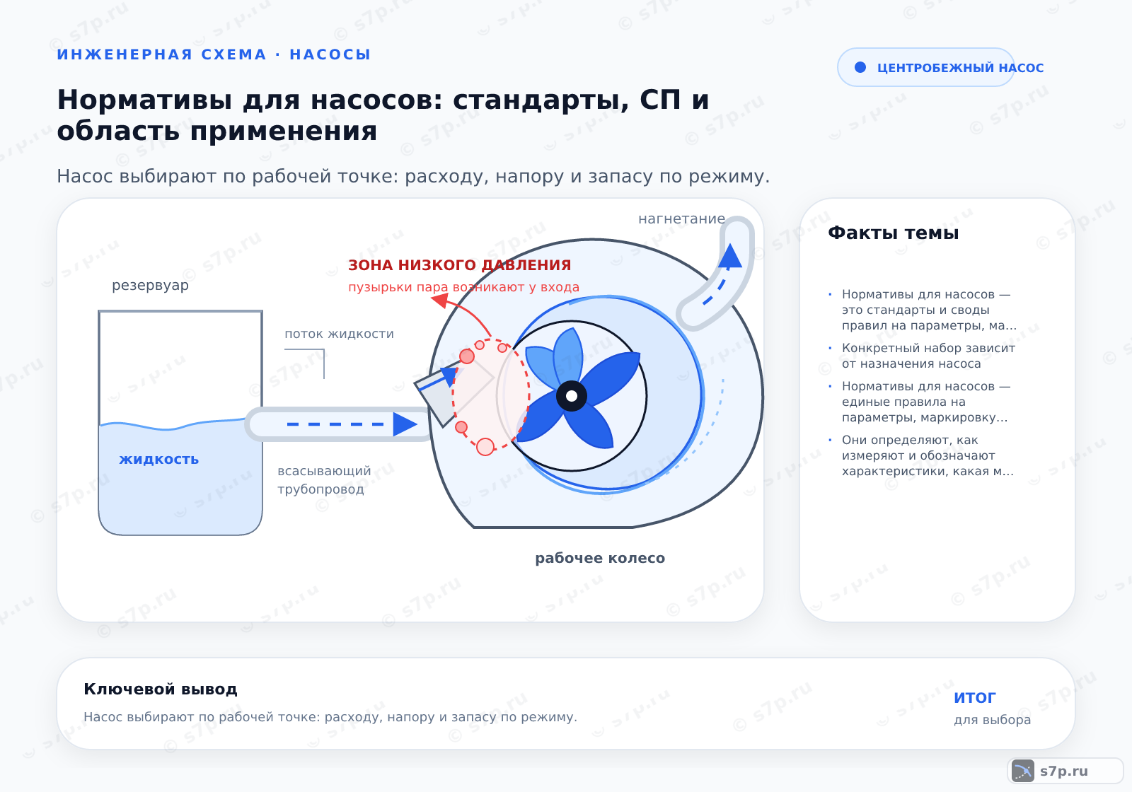 Hero-инфографика темы «Нормативы для насосов: стандарты, СП и область применения»: насос; ключевые данные: Нормативы для насосов — это стандарты и своды правил на параметры, маркировку, энергоэффективность двигателей и безопасность; Конкретный набор зависит от назначения насоса