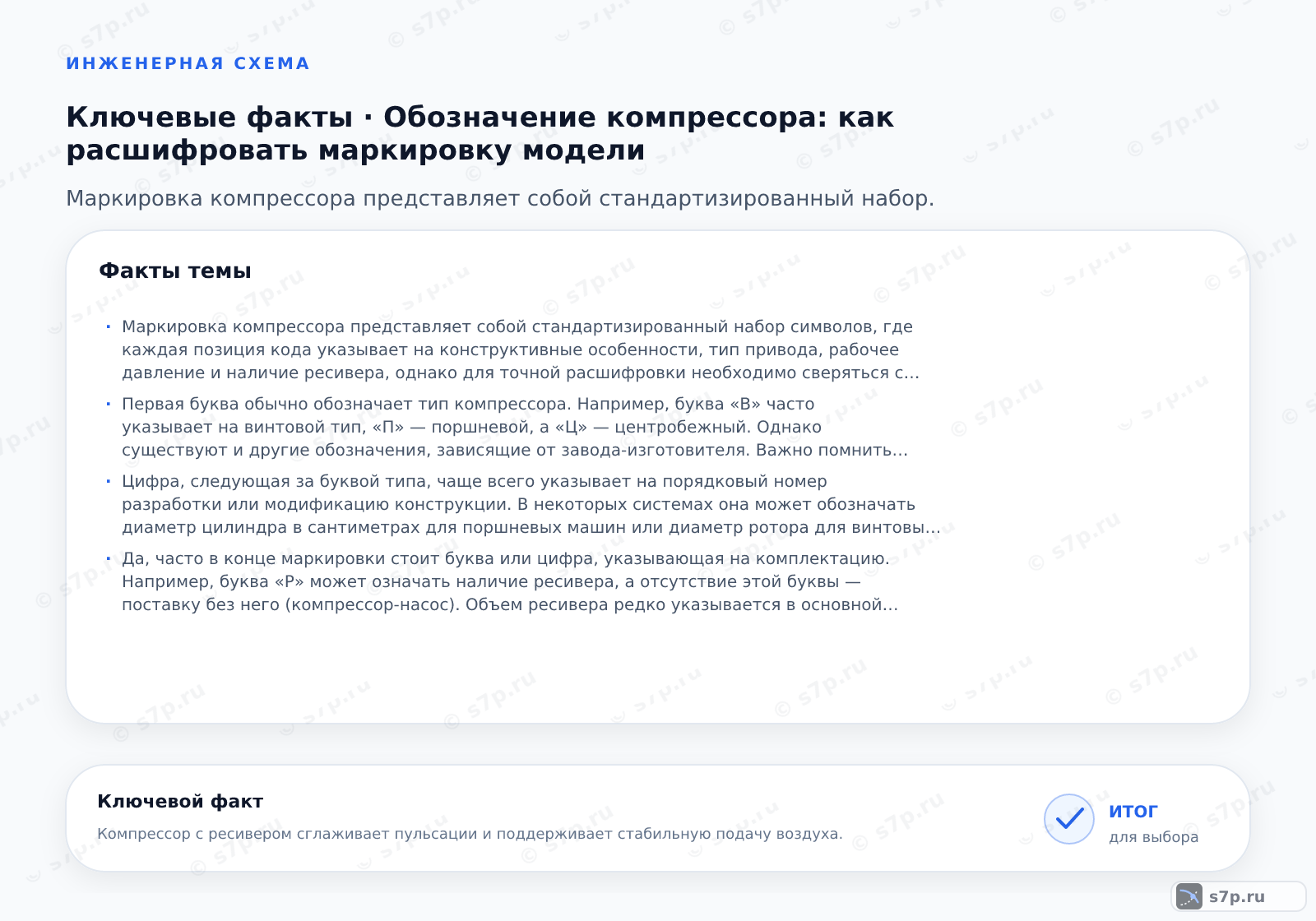 Карточки ключевых значений темы «Обозначение компрессора: как расшифровать маркировку модели»: Маркировка компрессора представляет собой стандартизированный набор символов, где каждая позиция кода указывает на конструктивные особенности, тип привода, рабочее давление и наличие ресивера, однако для точной расшифровки необходимо сверяться с паспортом конкретного завода-изготовителя.; Первая буква обычно обозначает тип компрессора. Например, буква «В» часто указывает на винтовой тип, «П» — поршневой, а «Ц» — центробежный. Однако существуют и другие обозначения, зависящие от завода-изготовителя. Важно помнить, что единого государственного стандарта на буквенные коды всех производителей не существует, поэтому первая буква всегда требует проверки в каталоге модели.