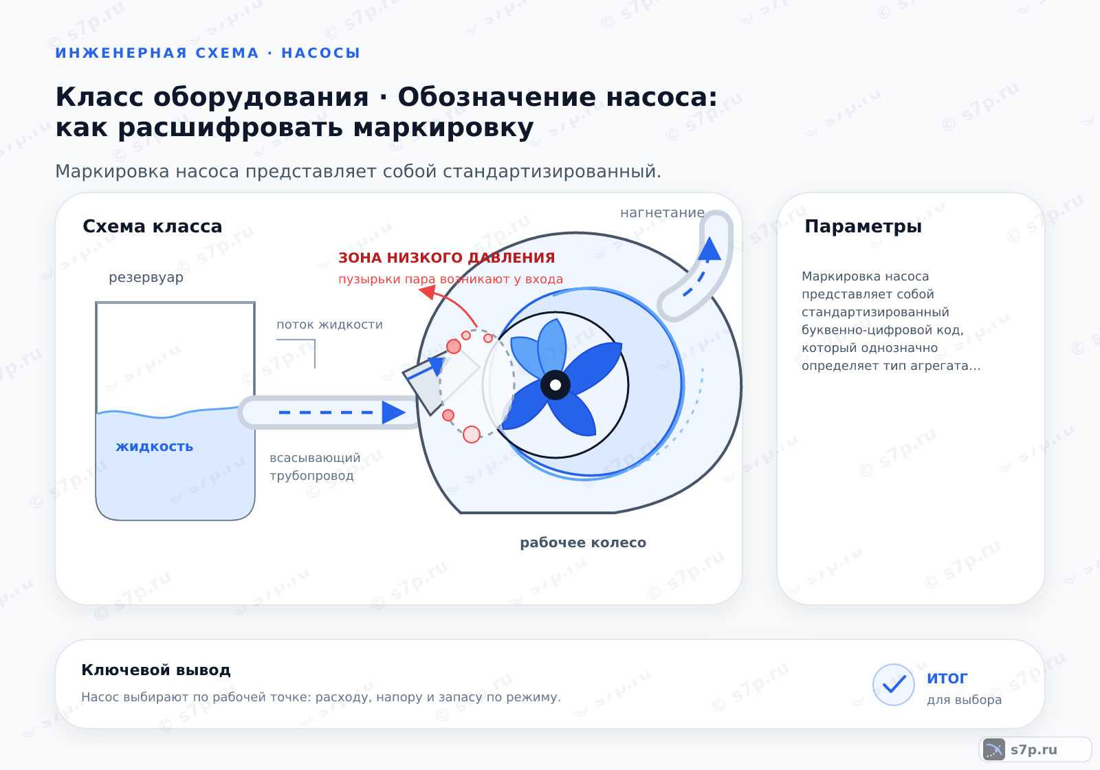 Схема класса «насос» для темы «Обозначение насоса: как расшифровать маркировку»: ключевые параметры — Маркировка насоса представляет собой стандартизированный буквенно-цифровой код, который однозначно определяет тип агрегата, его гидравлические характеристики, материал изготовления и конструктивные особенности для правильного подбора и монтажа.; Буквы после основных параметров обозначают материал корпуса и крыльчатки, а также конструктивные особенности. Например, буква Ч может указывать на чугун, Н — на нержавеющую сталь, А — на алюминиевый сплав. Также могут присутствовать буквы, обозначающие исполнение по способу присоединения (например, фланцевое или муфтовое) или по направлению вращения. Эти символы критически важны для выбора материала, совместимого с перекачиваемой средой, чтобы избежать коррозии.