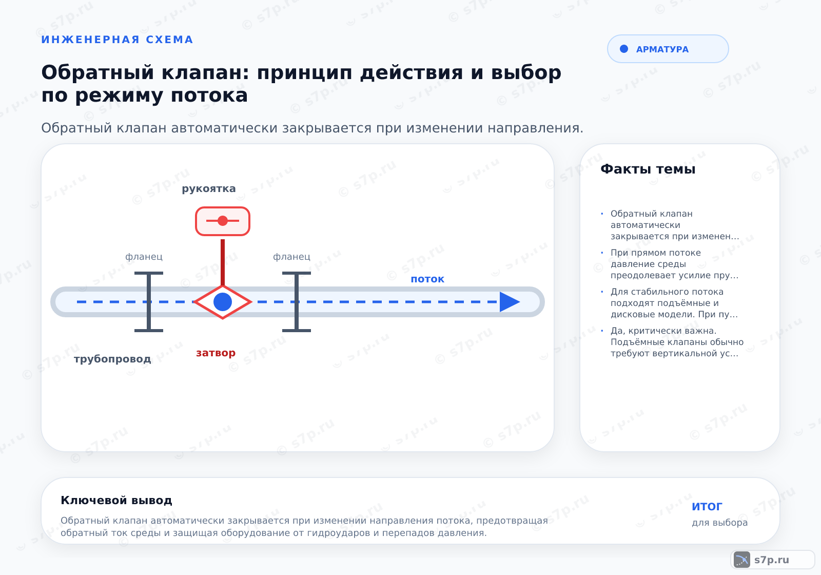 Hero-инфографика темы «Обратный клапан: принцип действия и выбор по режиму потока»: арматура; ключевые данные: Обратный клапан автоматически закрывается при изменении направления потока, предотвращая обратный ток среды и защищая оборудование от гидроударов и перепадов давления.; При прямом потоке давление среды преодолевает усилие пружины или вес заслонки, открывая проход. При остановке потока или изменении направления на обратное, разница давлений и гравитация (в горизонтальных трубопроводах) закрывают затвор. Скорость закрытия зависит от конструкции: пружинные модели закрываются быстрее, чем подъёмные, что критично для предотвращения гидроудара. Герметичность обеспечивается уплотнительными материалами, выдерживающими температуру и агрессивность среды.
