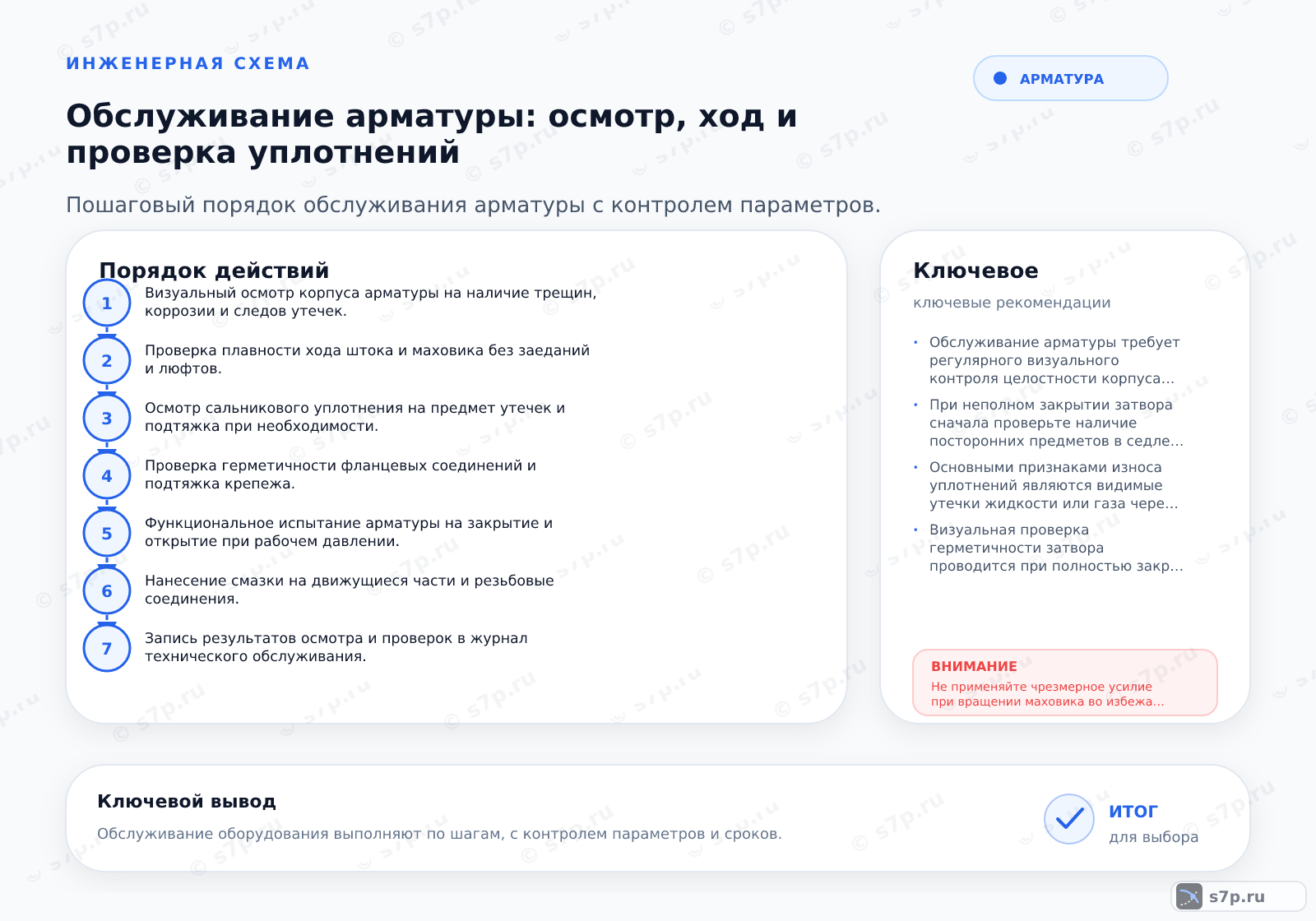 Hero-инфографика темы «Обслуживание арматуры: осмотр, ход и проверка уплотнений»: арматура; ключевые данные: Обслуживание арматуры требует регулярного визуального контроля целостности корпуса и уплотнений, проверки плавности хода штока и герметичности сальников, а также периодического функционального испытания на герметичность затвора при рабочем давлении.; При неполном закрытии затвора сначала проверьте наличие посторонних предметов в седле клапана. Очистите рабочую камеру, если это возможно, без разборки. Если проблема сохраняется, проверьте ход штока на заедание в направляющих. Возможно, требуется смазка или замена изношенных деталей затвора. Не применяйте чрезмерное усилие при вращении маховика, так как это может привести к срыву резьбы или поломке штока. В случае заклинивания из-за коррозии или деформации обратитесь к специалисту для демонтажа и ремонта.