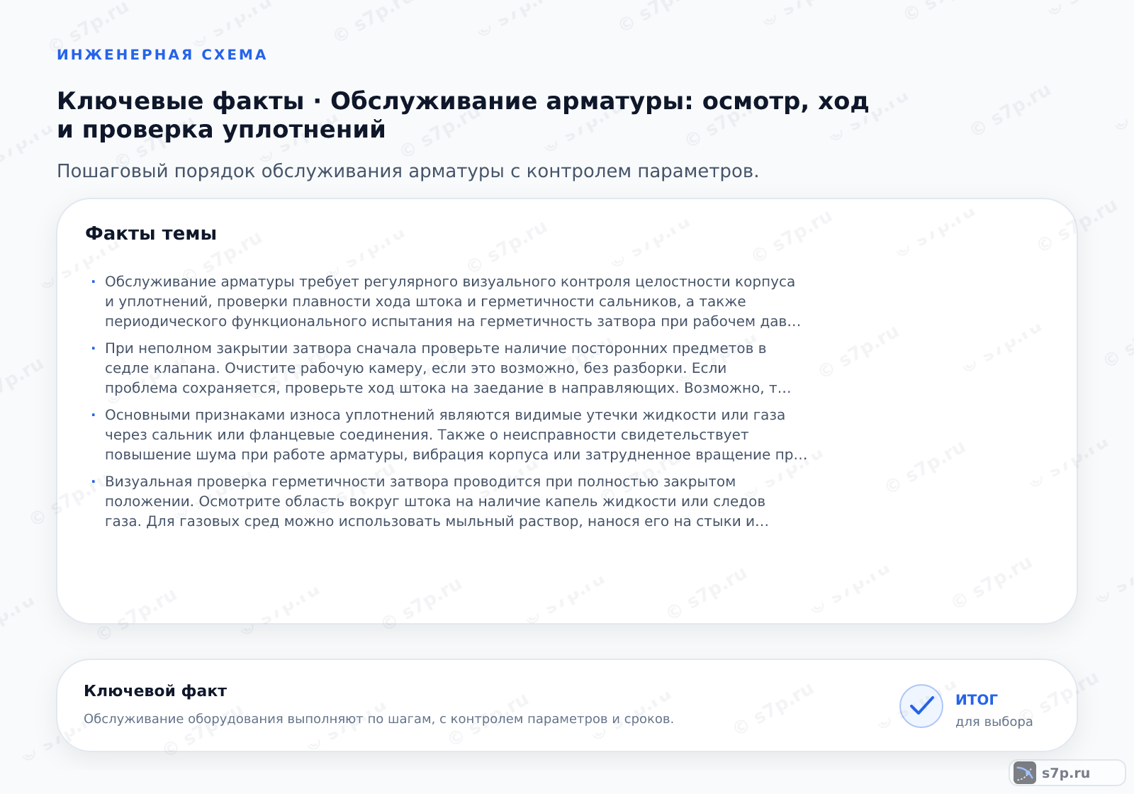 Карточки ключевых значений темы «Обслуживание арматуры: осмотр, ход и проверка уплотнений»: Обслуживание арматуры требует регулярного визуального контроля целостности корпуса и уплотнений, проверки плавности хода штока и герметичности сальников, а также периодического функционального испытания на герметичность затвора при рабочем давлении.; При неполном закрытии затвора сначала проверьте наличие посторонних предметов в седле клапана. Очистите рабочую камеру, если это возможно, без разборки. Если проблема сохраняется, проверьте ход штока на заедание в направляющих. Возможно, требуется смазка или замена изношенных деталей затвора. Не применяйте чрезмерное усилие при вращении маховика, так как это может привести к срыву резьбы или поломке штока. В случае заклинивания из-за коррозии или деформации обратитесь к специалисту для демонтажа и ремонта.