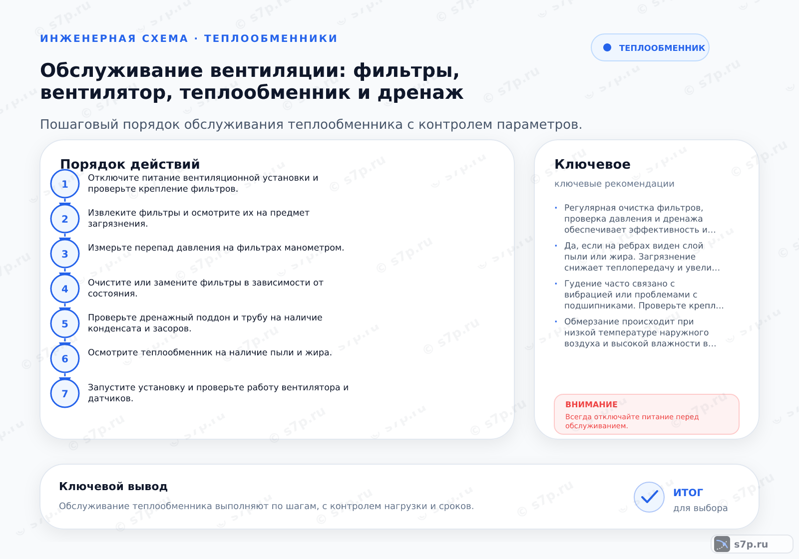 Hero-инфографика темы «Обслуживание вентиляции: фильтры, вентилятор, теплообменник и дренаж»: вентиляция; ключевые данные: Регулярная очистка фильтров, проверка давления и дренажа обеспечивает эффективность и долговечность системы вентиляции.; Да, если на ребрах виден слой пыли или жира. Загрязнение снижает теплопередачу и увеличивает аэродинамическое сопротивление. Мойка проводится специальными составами под низким давлением, чтобы не погнуть ламели. После мойки убедитесь, что каналы для стока конденсата свободны. Частота зависит от среды: в офисных зданиях — раз в год, в кухнях — чаще.