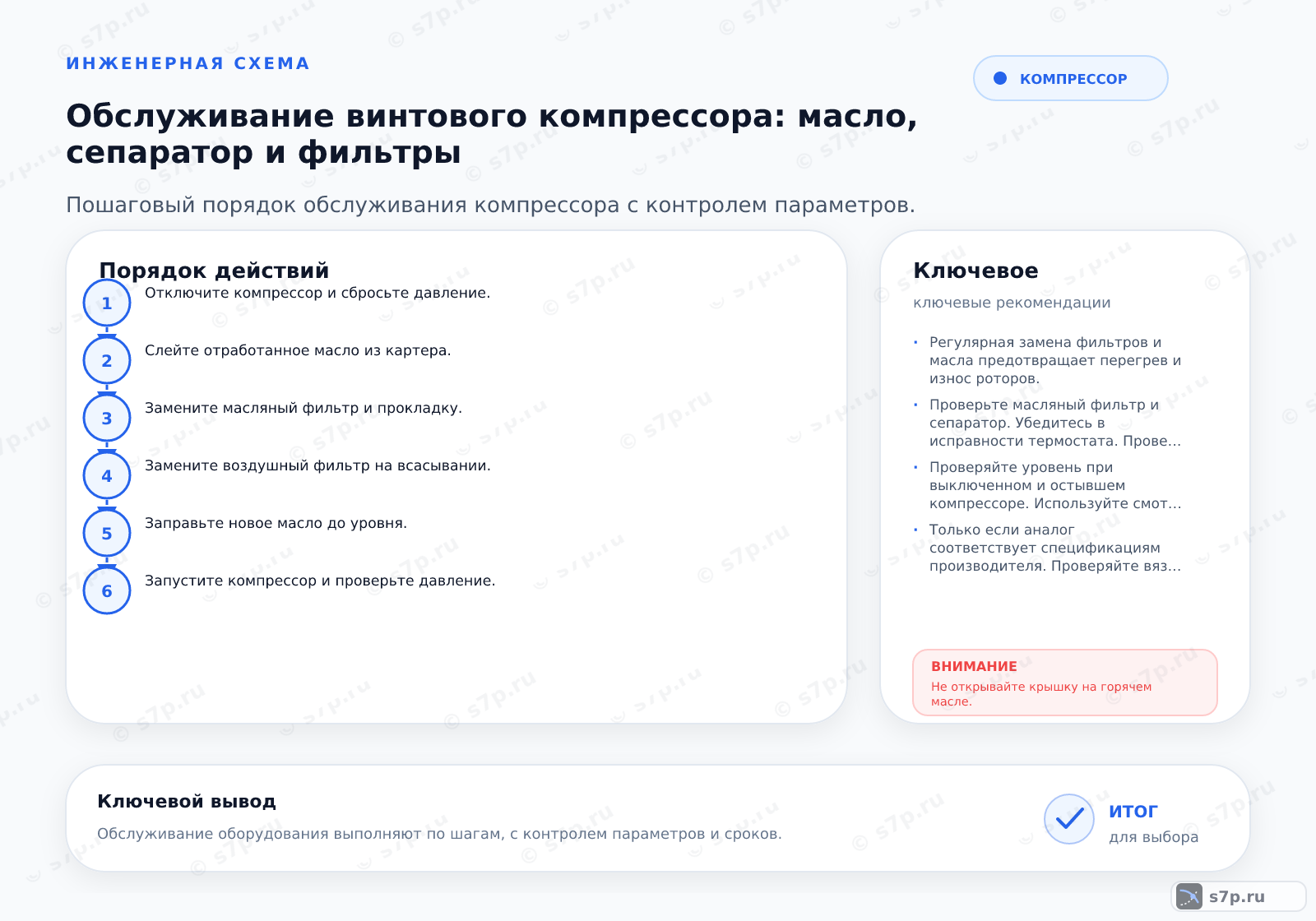 Hero-инфографика темы «Обслуживание винтового компрессора: масло, сепаратор и фильтры»: компрессор; ключевые данные: перепад фильтров — 0,5 бар