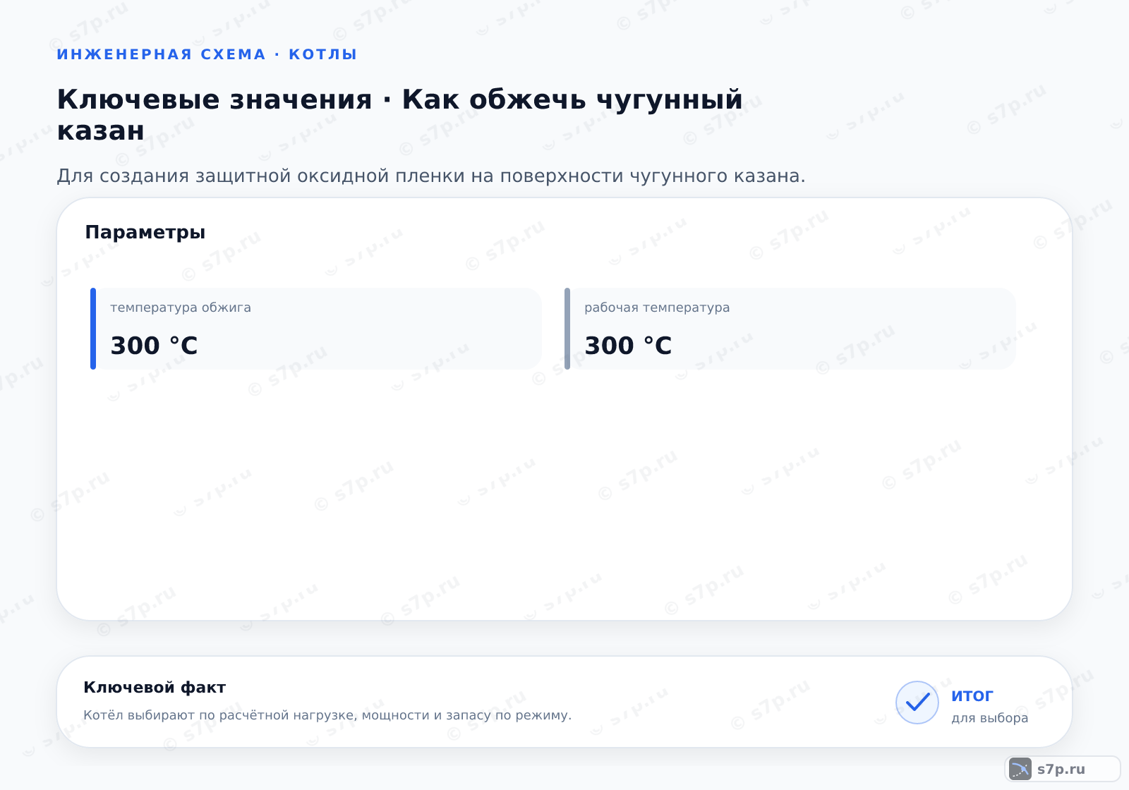 Карточки ключевых значений темы «Как обжечь чугунный казан»: температура обжига — 300 °C; рабочая температура — 300 °C