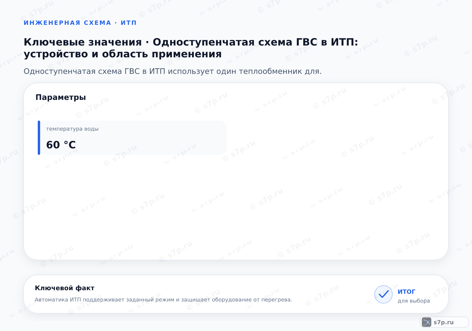 Карточки ключевых значений темы «Одноступенчатая схема ГВС в ИТП: устройство и область применения»: температура воды — 60 °C