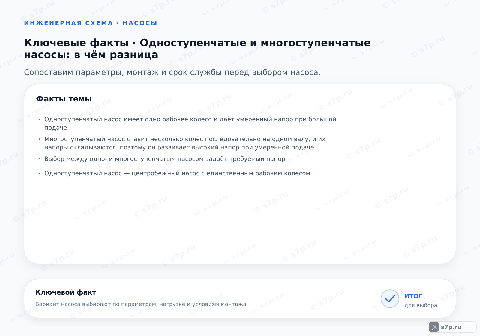 Карточки ключевых значений темы «Одноступенчатые и многоступенчатые насосы: в чём разница»: Одноступенчатый насос имеет одно рабочее колесо и даёт умеренный напор при большой подаче; Многоступенчатый насос ставит несколько колёс последовательно на одном валу, и их напоры складываются, поэтому он развивает высокий напор при умеренной подаче