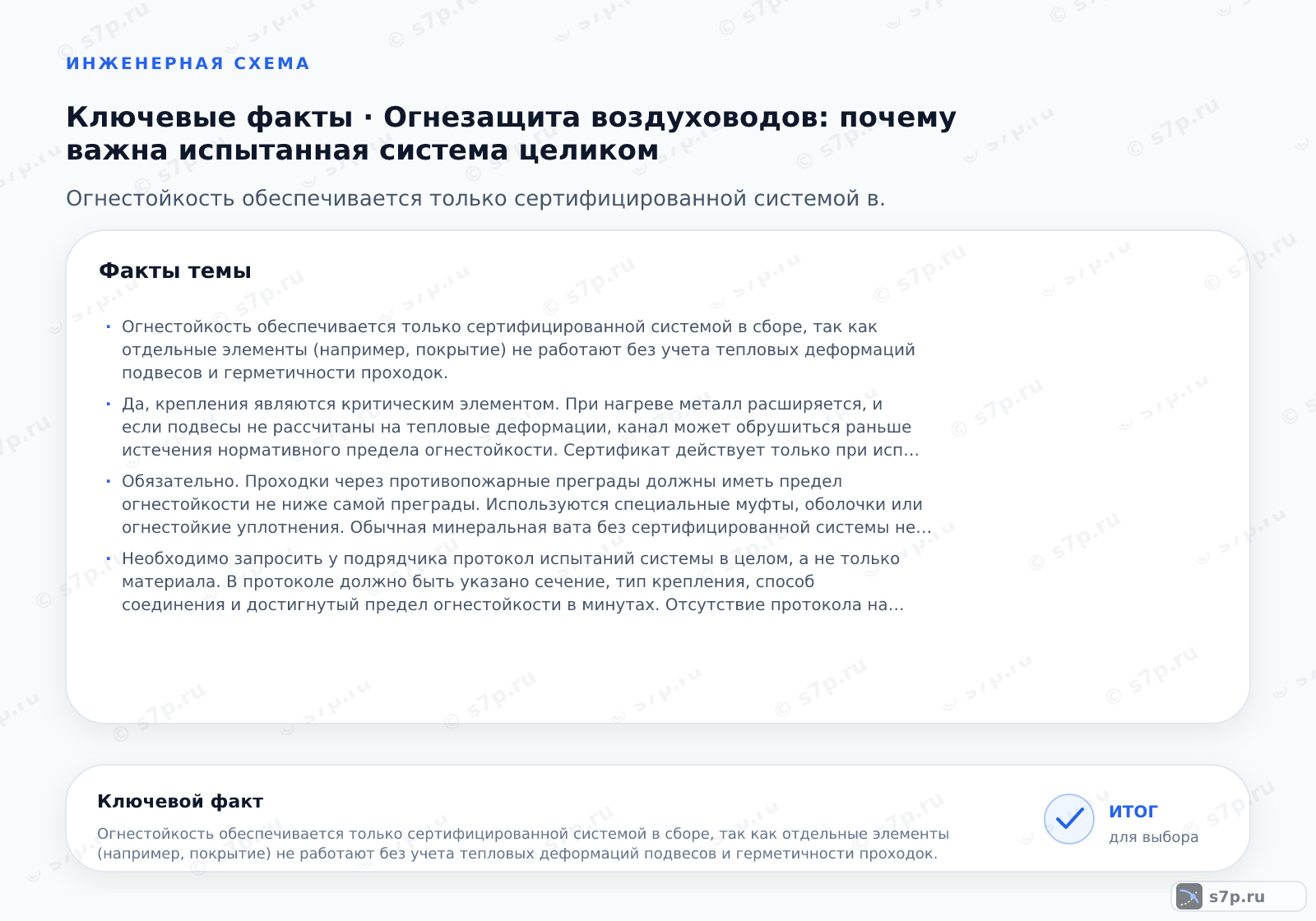 Карточки ключевых значений темы «Огнезащита воздуховодов: почему важна испытанная система целиком»: Огнестойкость обеспечивается только сертифицированной системой в сборе, так как отдельные элементы (например, покрытие) не работают без учета тепловых деформаций подвесов и герметичности проходок.; Да, крепления являются критическим элементом. При нагреве металл расширяется, и если подвесы не рассчитаны на тепловые деформации, канал может обрушиться раньше истечения нормативного предела огнестойкости. Сертификат действует только при использовании конкретных типов подвесов и кронштейнов, указанных в документации на систему.