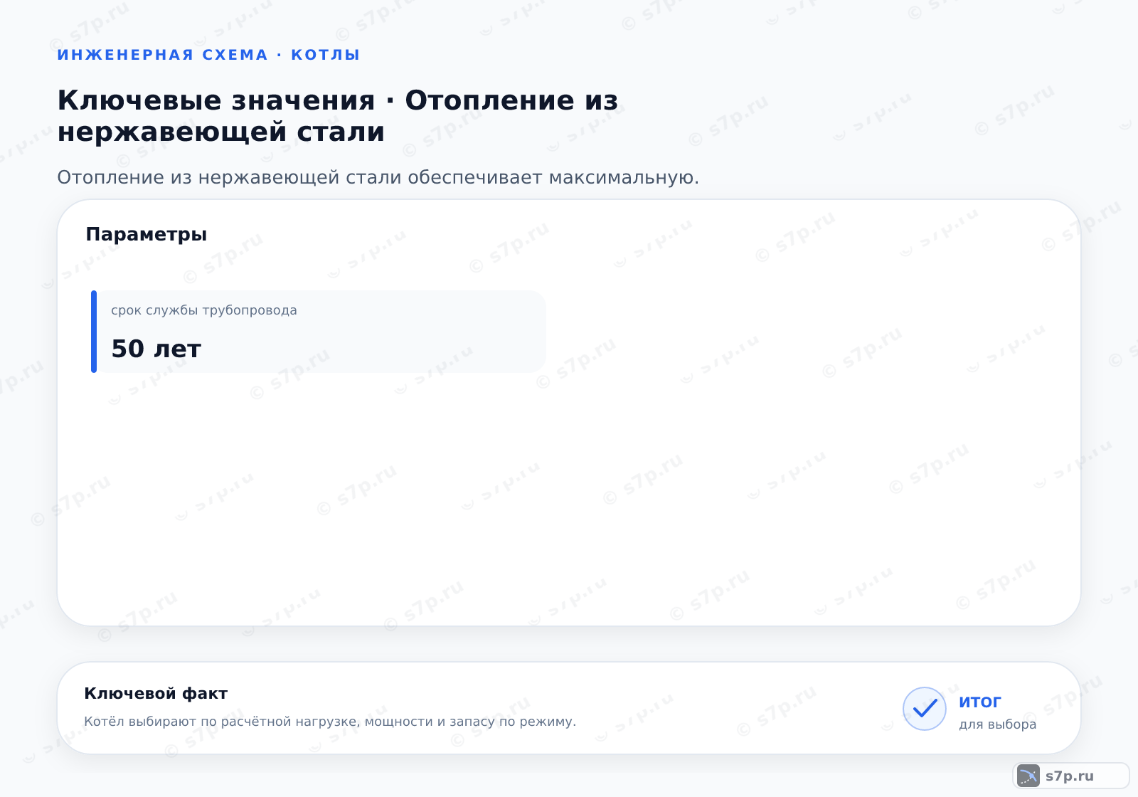 Карточки ключевых значений темы «Отопление из нержавеющей стали»: срок службы трубопровода — 50 лет