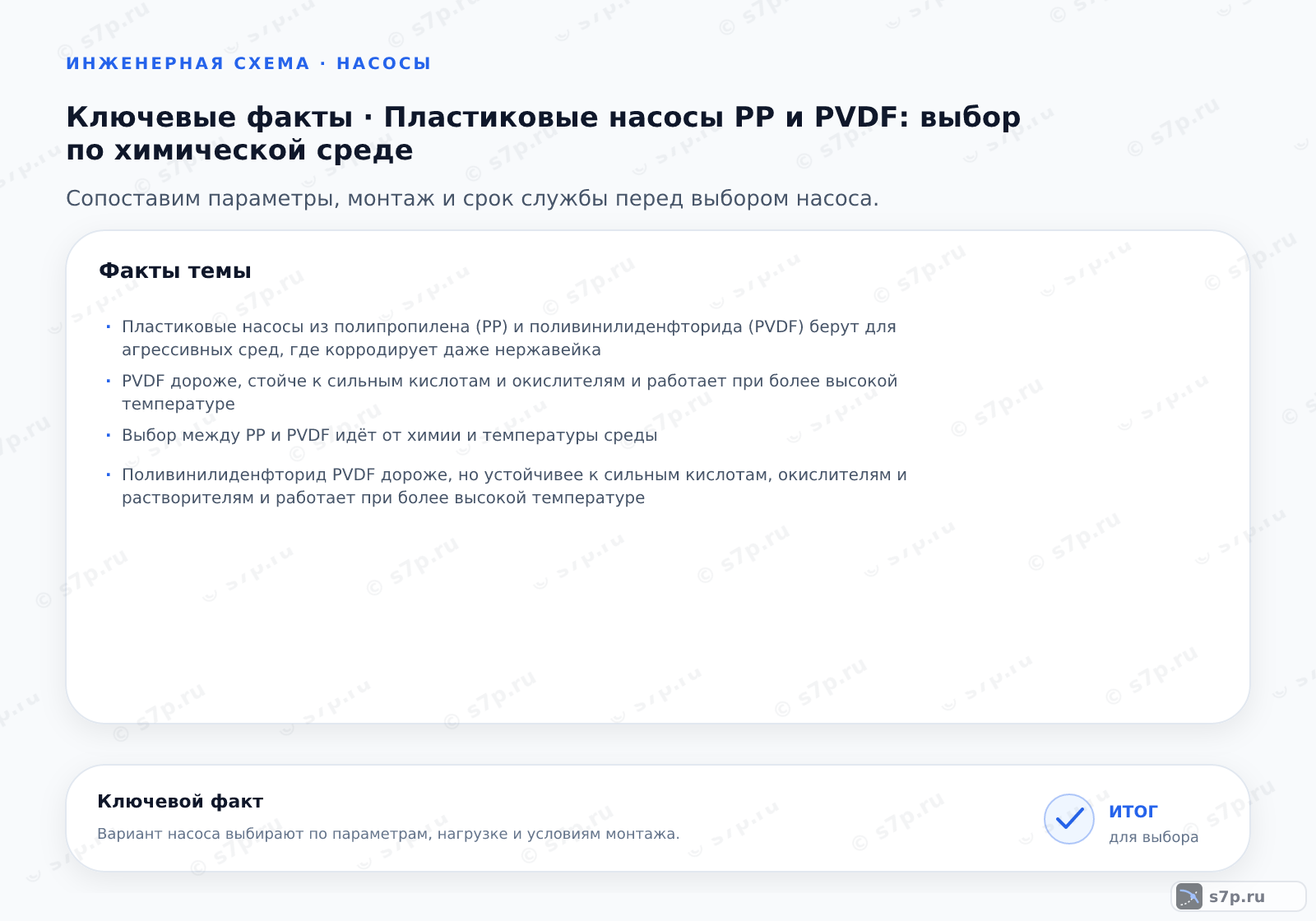 Карточки ключевых значений темы «Пластиковые насосы PP и PVDF: выбор по химической среде»: Пластиковые насосы из полипропилена (PP) и поливинилиденфторида (PVDF) берут для агрессивных сред, где корродирует даже нержавейка; PVDF дороже, стойче к сильным кислотам и окислителям и работает при более высокой температуре