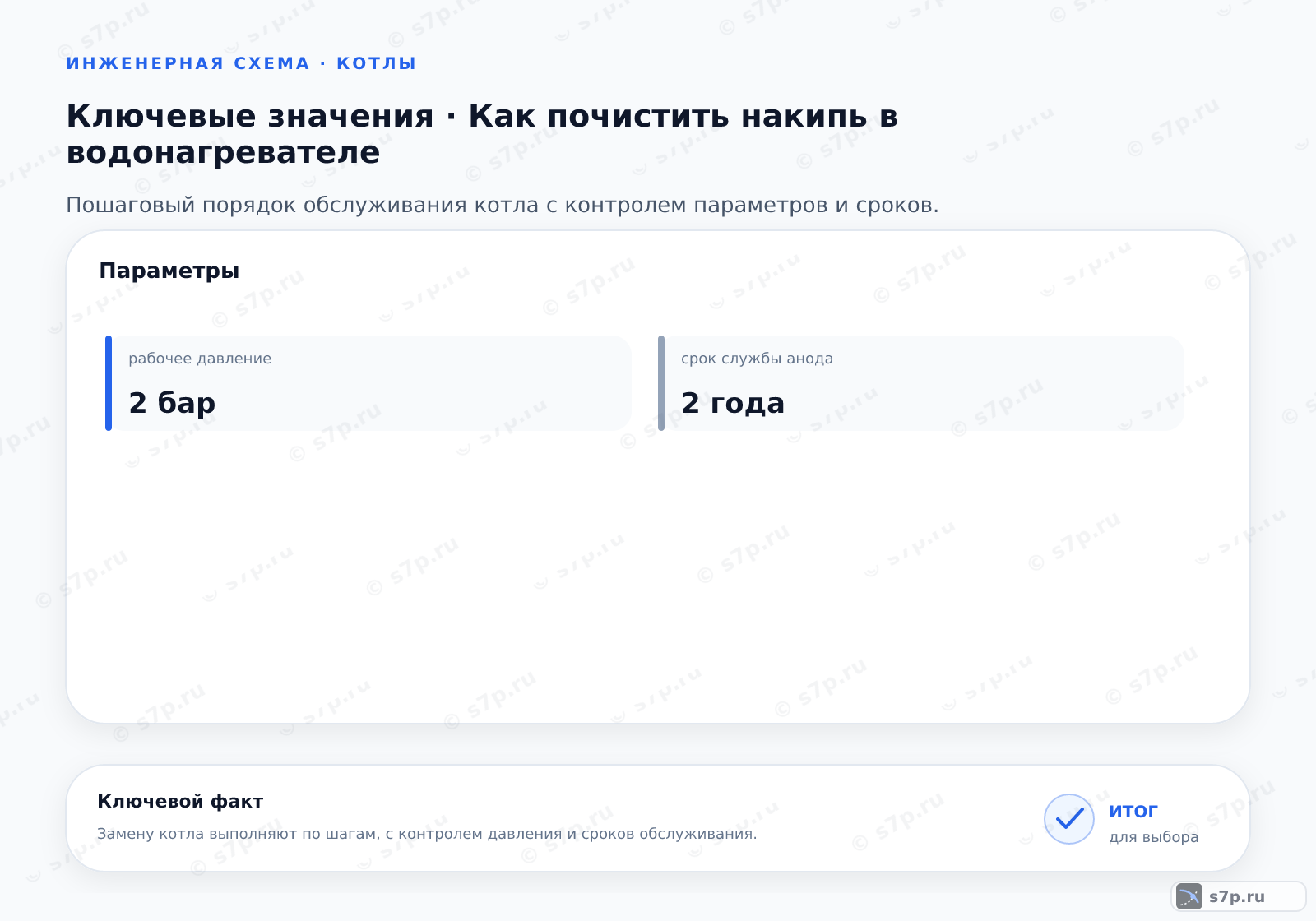 Карточки ключевых значений темы «Как почистить накипь в водонагревателе»: рабочее давление — 2 бар