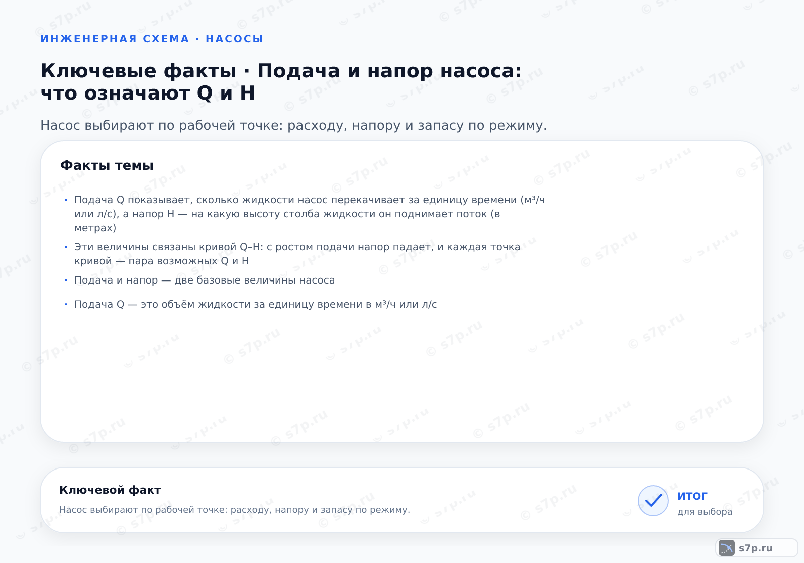 Карточки ключевых значений темы «Подача и напор насоса: что означают Q и H»: Подача Q показывает, сколько жидкости насос перекачивает за единицу времени (м³/ч или л/с), а напор H — на какую высоту столба жидкости он поднимает поток (в метрах); Эти величины связаны кривой Q–H: с ростом подачи напор падает, и каждая точка кривой — пара возможных Q и H