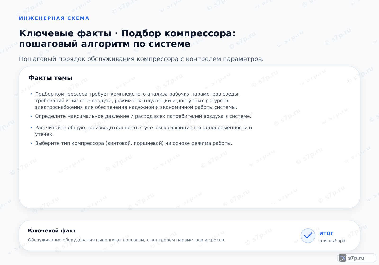 Карточки ключевых значений темы «Подбор компрессора: пошаговый алгоритм по системе»: Подбор компрессора требует комплексного анализа рабочих параметров среды, требований к чистоте воздуха, режима эксплуатации и доступных ресурсов электроснабжения для обеспечения надежной и экономичной работы системы.; Определите максимальное давление и расход всех потребителей воздуха в системе.